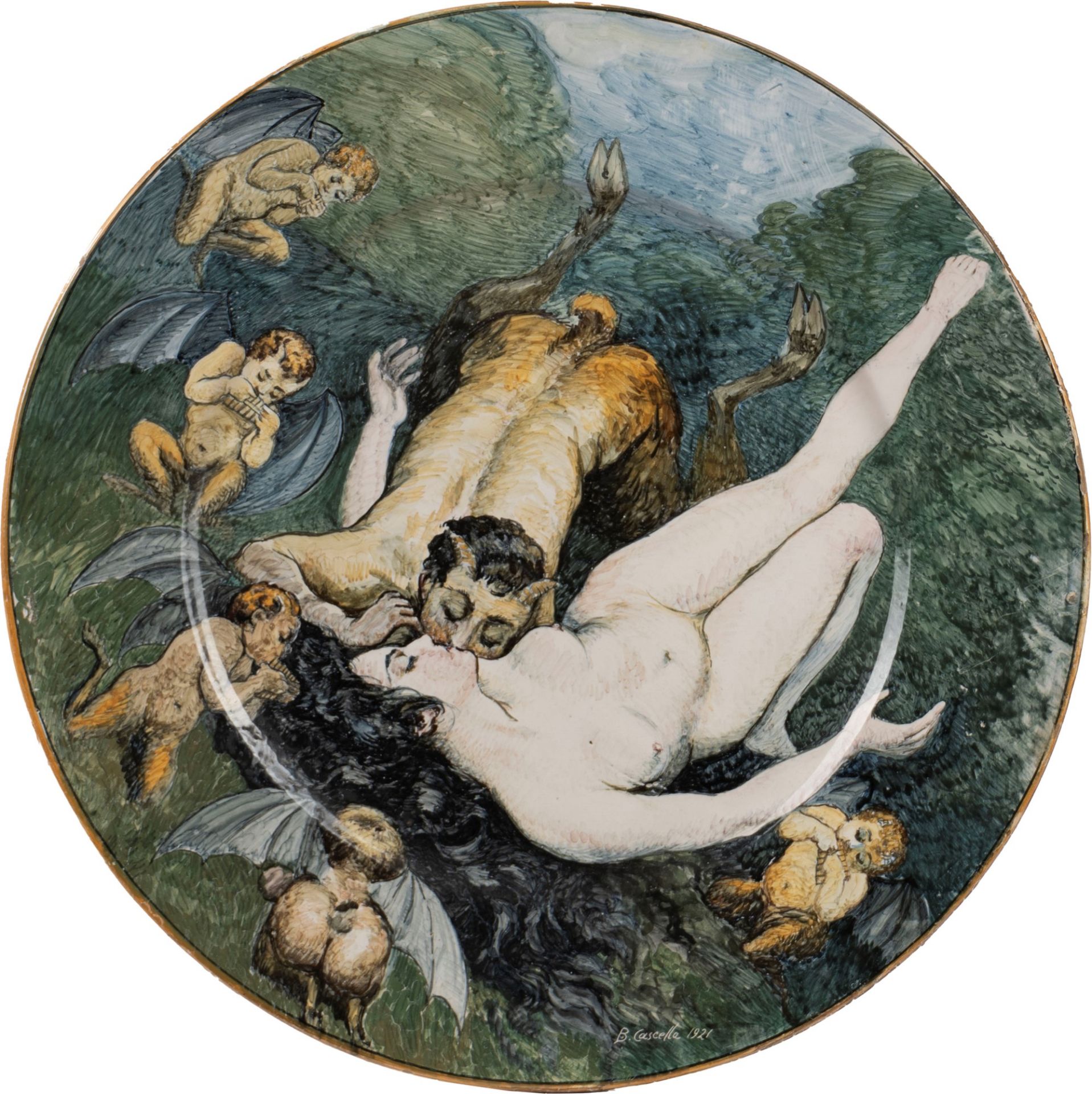 Basilio Cascella (Pescara 1860-Roma 1950) - Plate with nymph and satyr, 1921