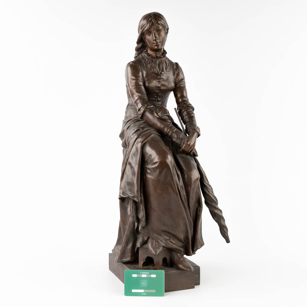 Eugène MARIOTON (1854-1933) 'Spinner' patinated bronze, 1887. (L:24 x W:24 x H:63 cm) - Image 2 of 9