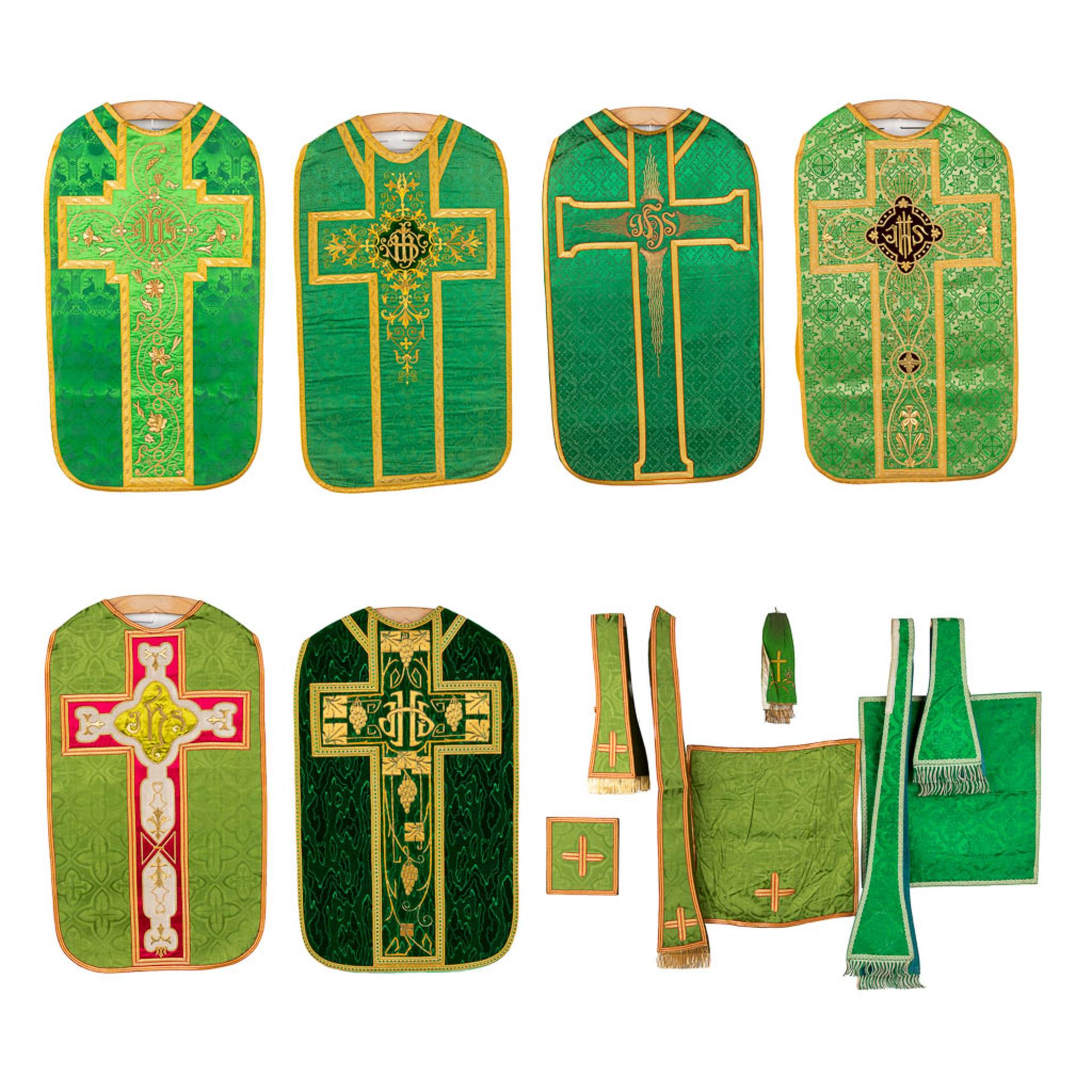 A set of 6 Roman Chasubles, maniple, Stola and Chalice veils