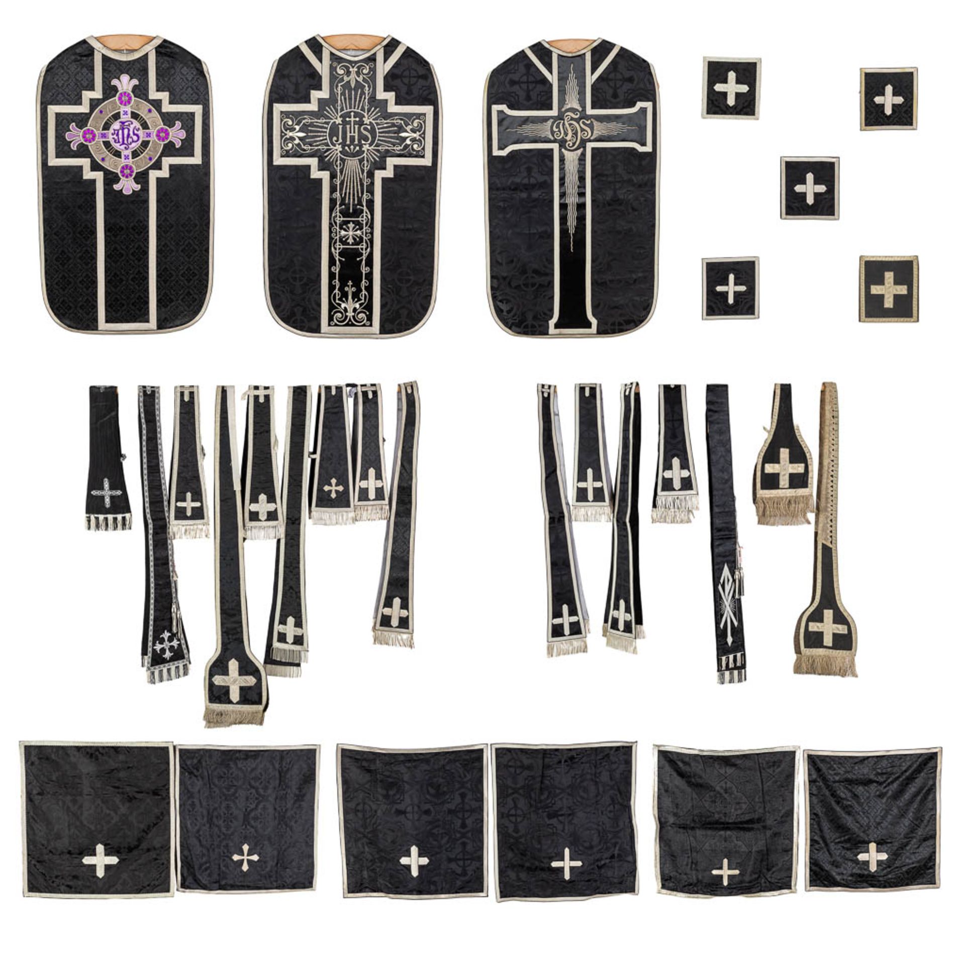 A set of Black Lithurgical Robes, Roman Chasubles, Stola, Manisple and Chalice Veils.