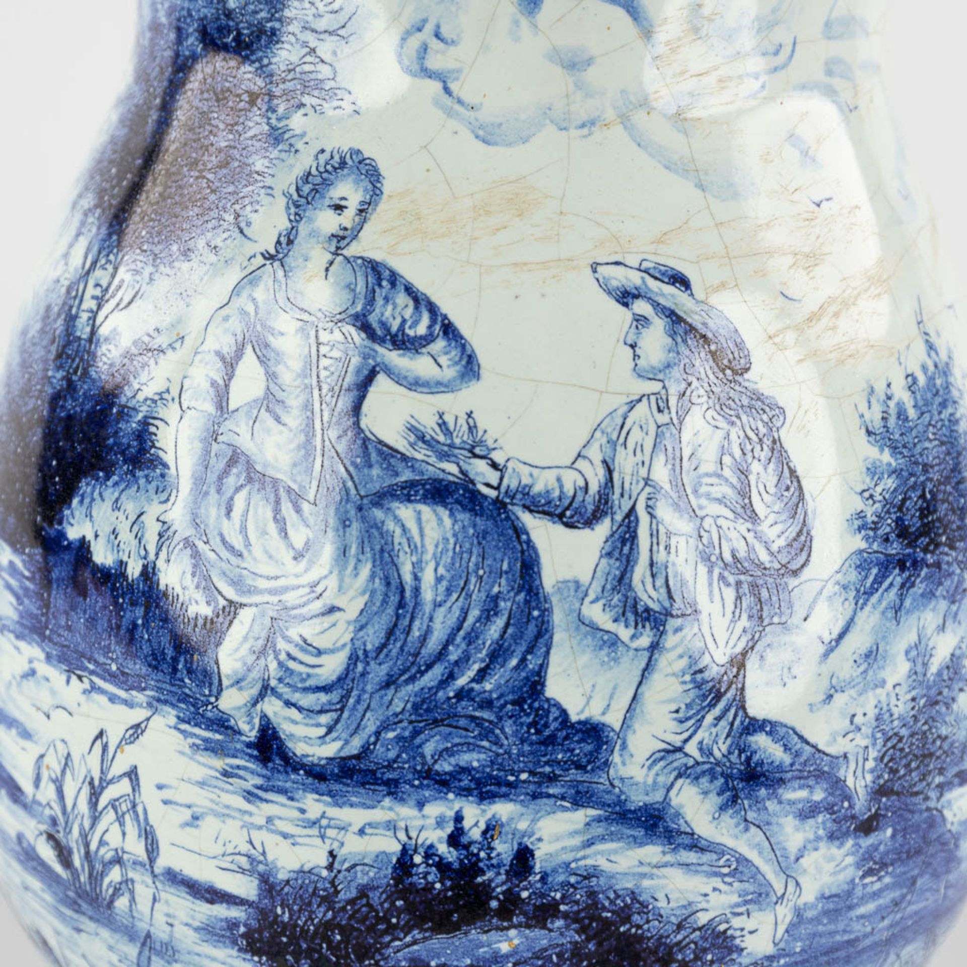 Delft, an antique pitcher with romantic scène, blue-white faience. 18th c. (L:17 x W:20 x H:33 cm) - Image 12 of 20
