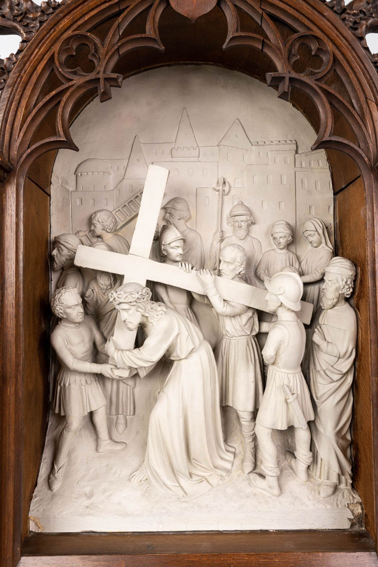 An extensive 14-piece 'Stations Of The Cross', plaster with gothic revival, wood-sculptured frames. - Image 12 of 30