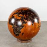 An exceptionally large globe, wood inlayed with metal. 20th C. (D:80 cm)