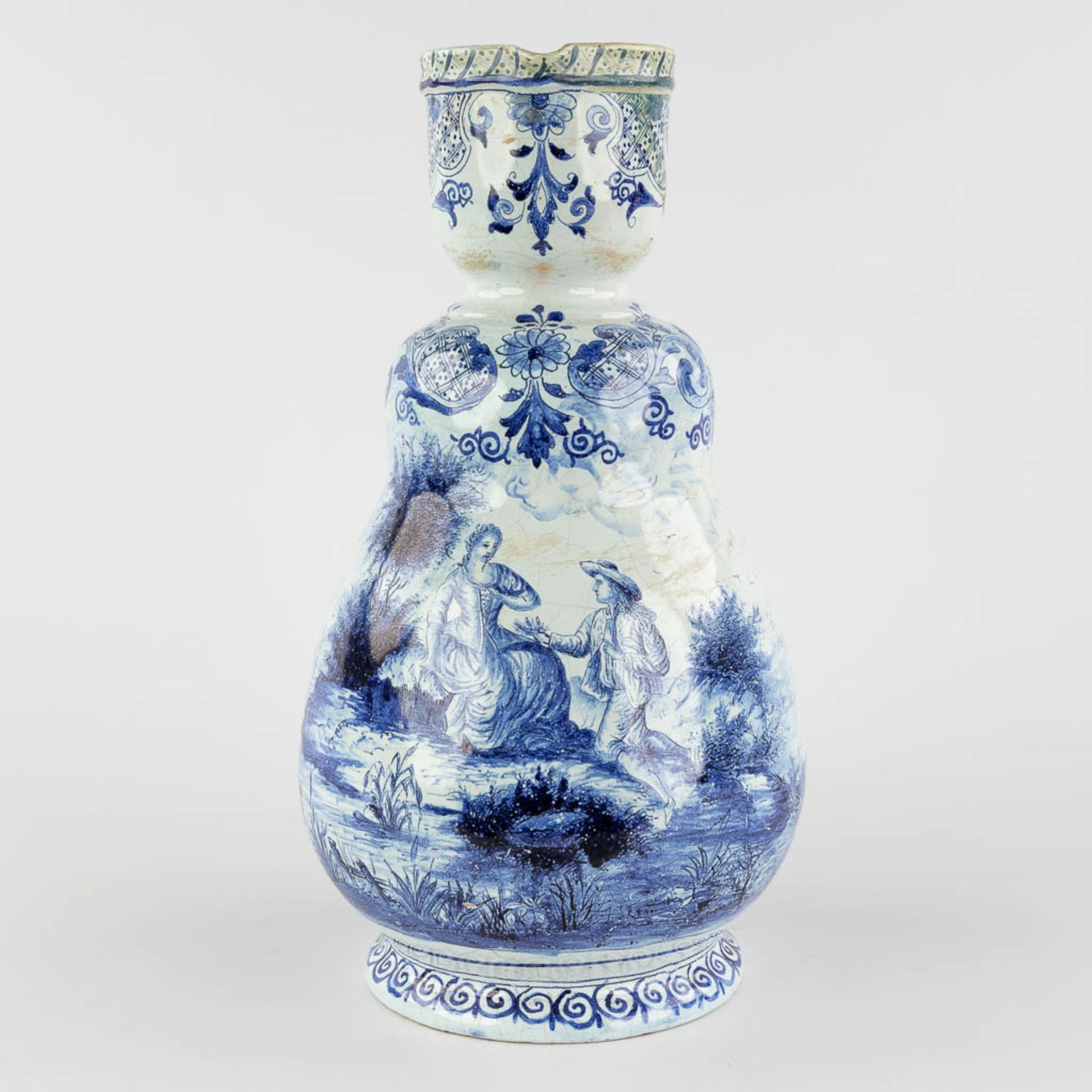 Delft, an antique pitcher with romantic scène, blue-white faience. 18th c. (L:17 x W:20 x H:33 cm) - Image 3 of 20