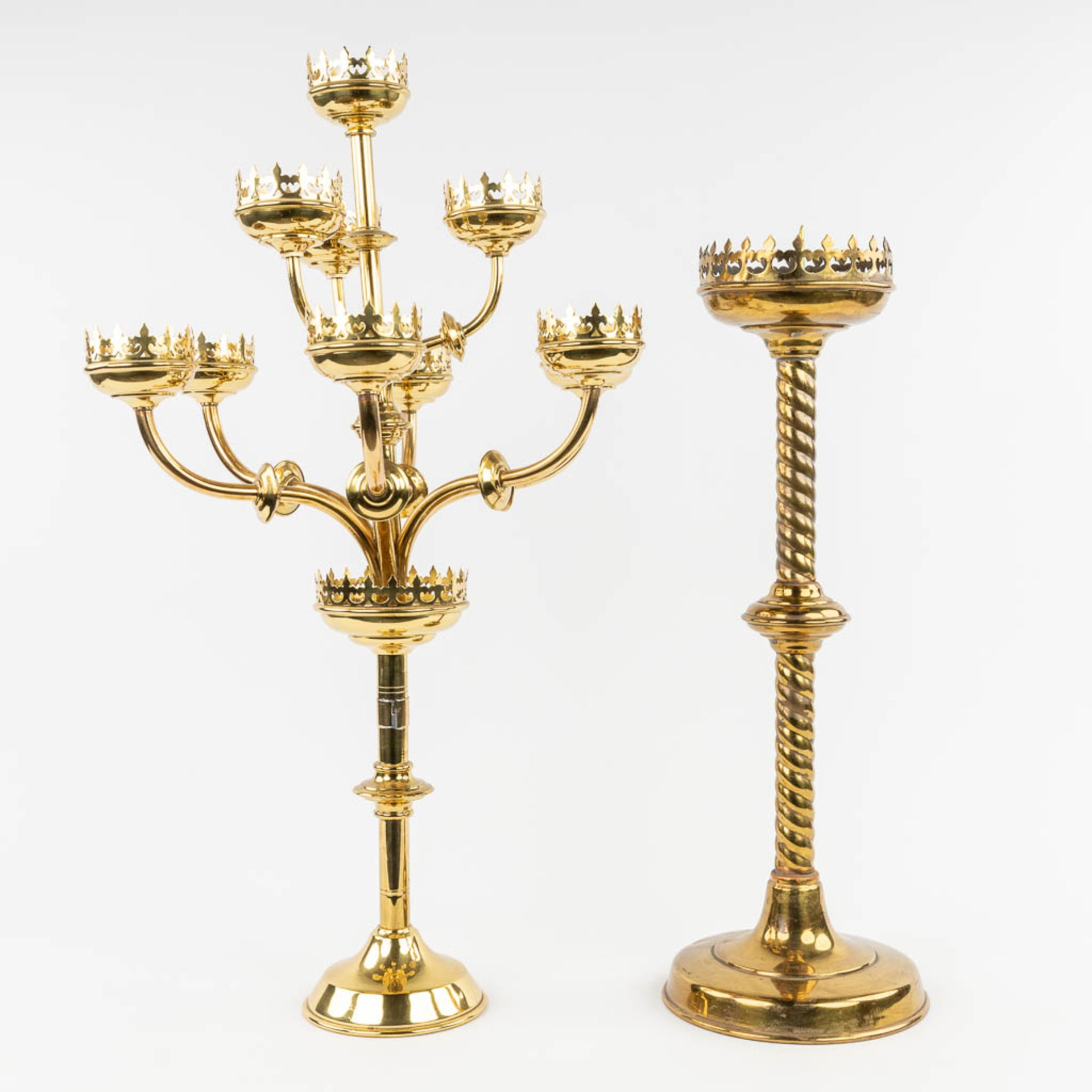 A candelabra with 10 points of light, gothic revival, added 1 candle holder. 20th C. (H:73 x D:45 cm - Image 3 of 17