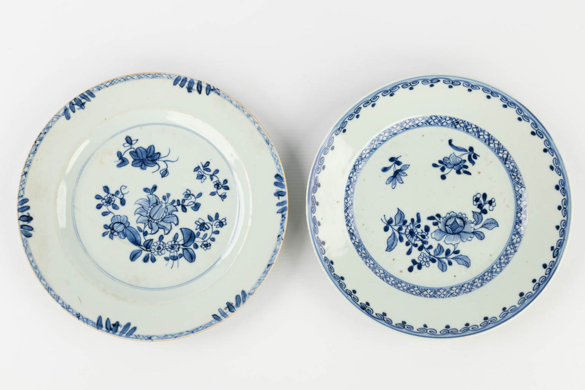 Nine Chinese blue-white decor, of which one has a silver holder. 19th/20th C. (D:23,5 cm) - Image 3 of 16