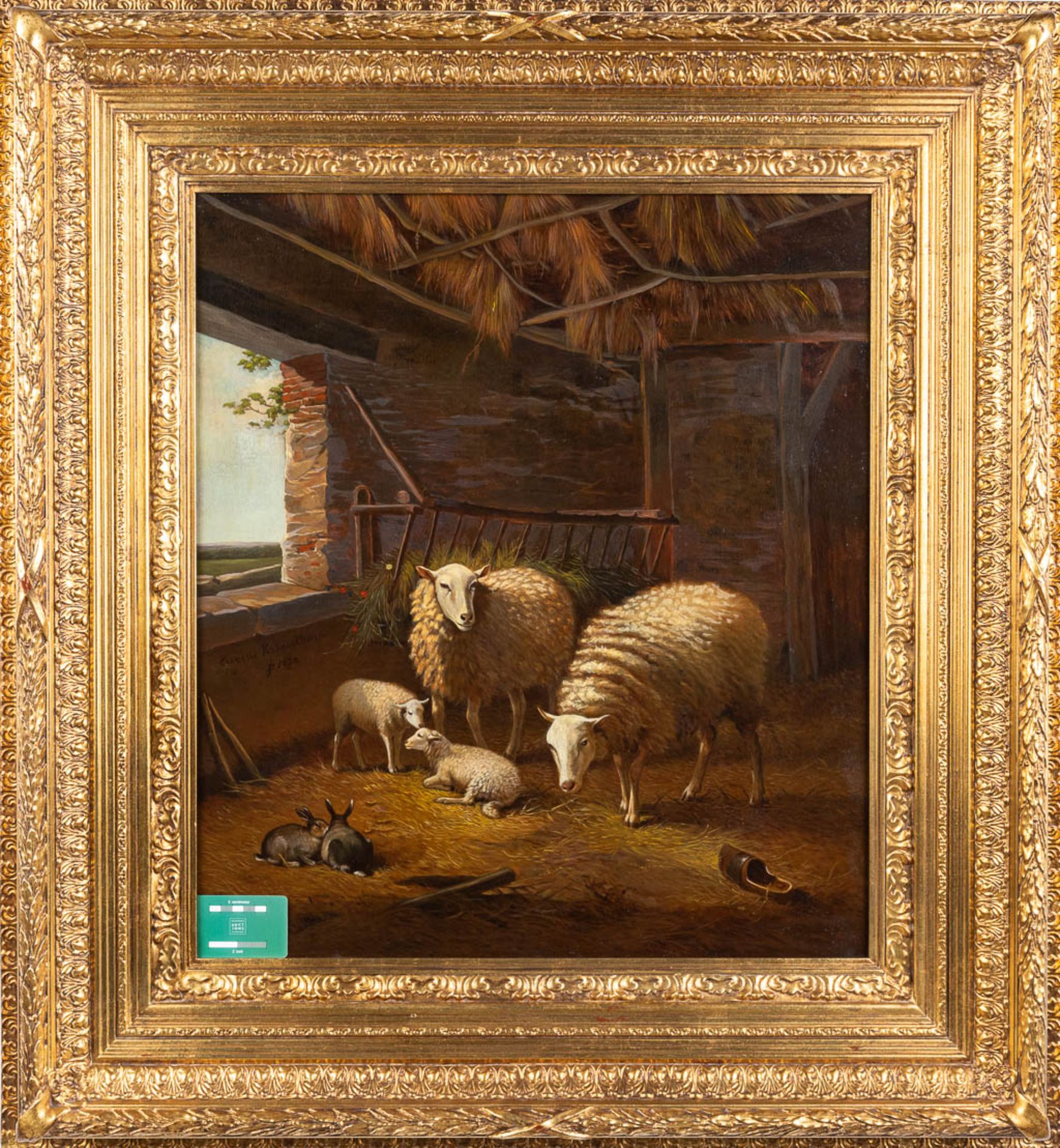 Sheep in a barn, a painting, oil on canvas. Framed in a nice frame. (W:61 x H:70 cm) - Image 2 of 7
