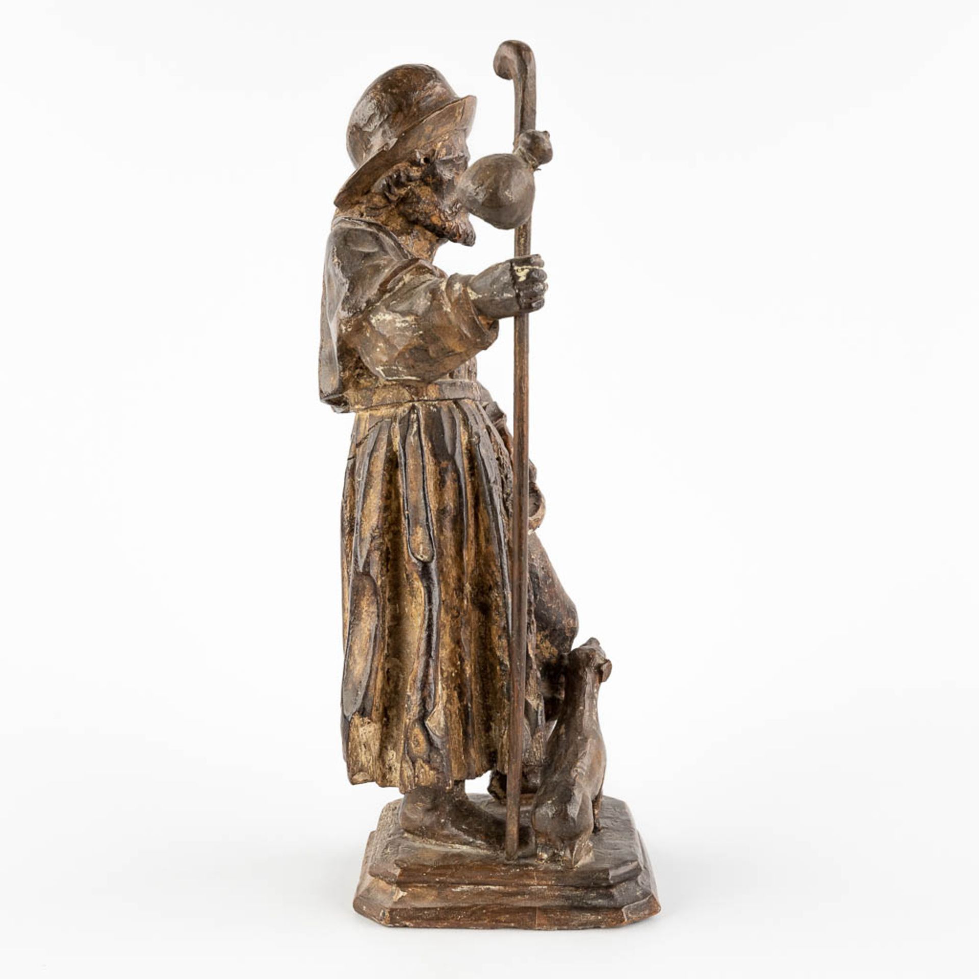 An antique wood sculpture of Saint Rochus and his dog. 18th/19th C. (L:12,5 x W:14 x H:34 cm) - Image 4 of 12