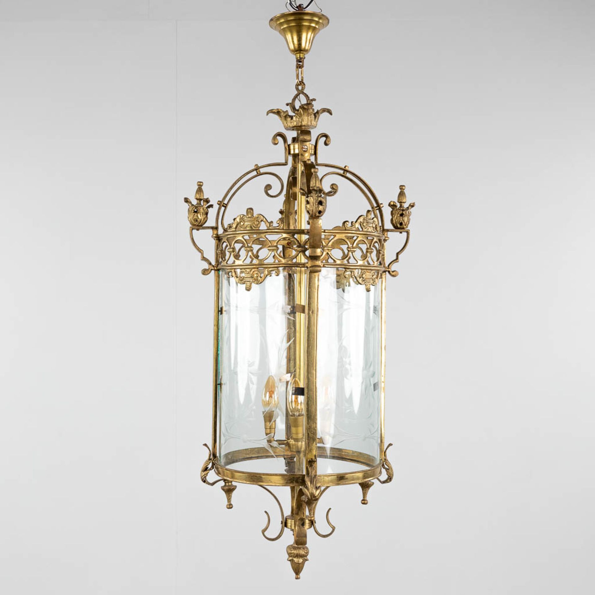 An antique lantern, bronze and glass. 20th C. (H:92 x D:45 cm)