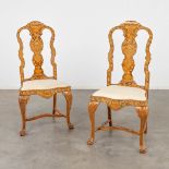 A pair of chairs with flower marquetry, 18th C. (L:46 x W:55 x H:112 cm)