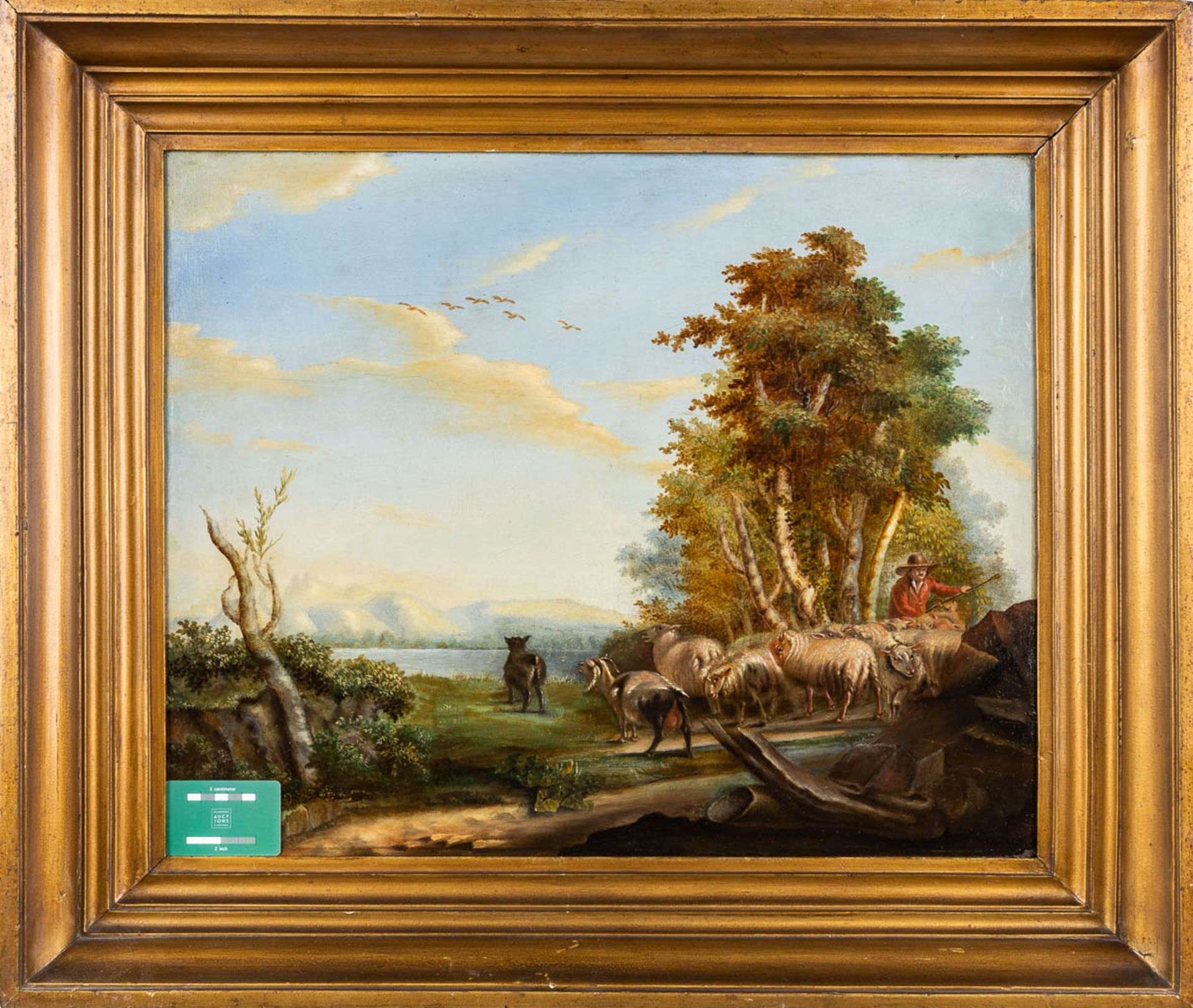 'Landscape with sheep', a painting, oil on panel. 19th C. (W:66 x H:53 cm) - Image 2 of 8