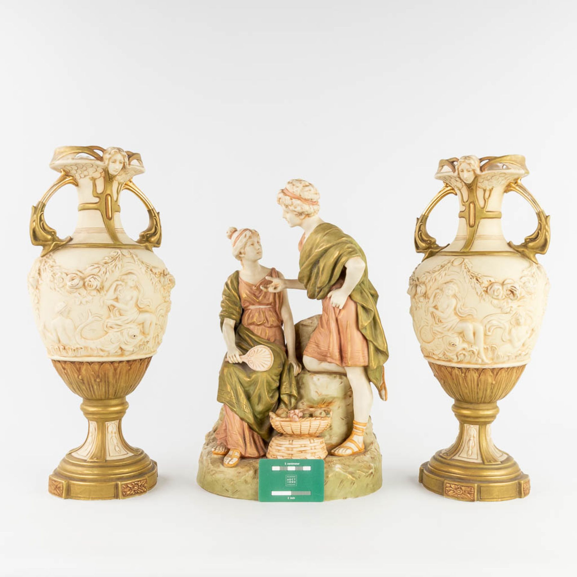 Royal Dux, a three-piece mantle garniture consisting of a statue and two vases. (L:20 x W:28 x H:43 - Image 15 of 25