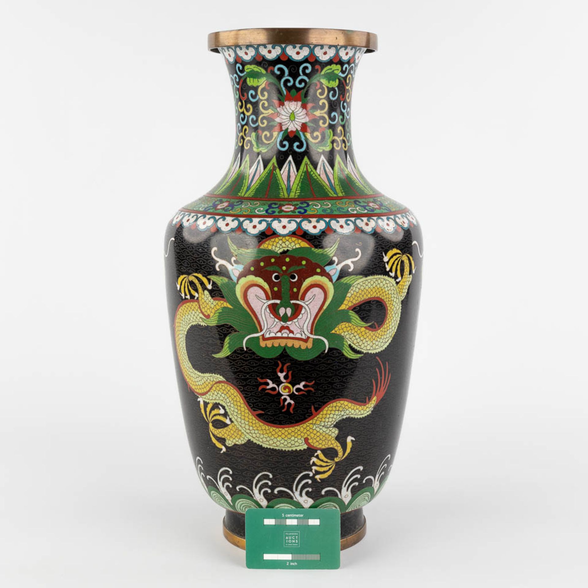 A vase with dragon decor, Cloisonné enamel. 20th C. (H:49 x D:23 cm) - Image 2 of 13