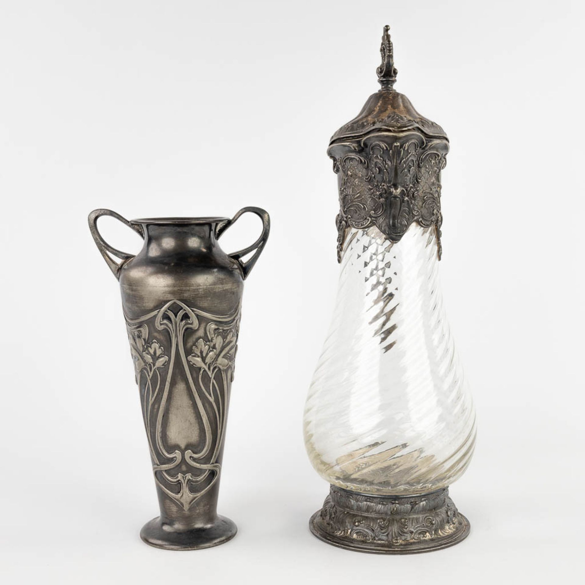 WMF, a pitcher and a vase, silver-plated metal in Art Nouveau style. (L:13,5 x W:18 x H:38 cm) - Image 3 of 15