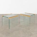 Gigi RADICE &amp; Pierangelo GALLOTTI (XX) 'Pair of side tables' glass and metal. (L:36 x W:40 x H:3