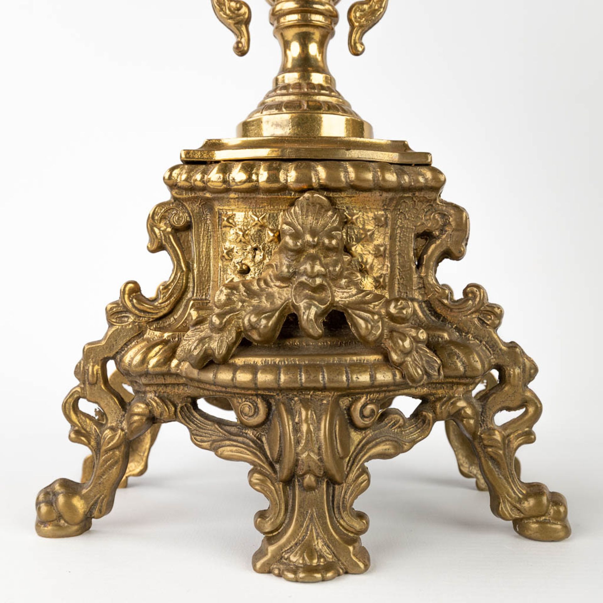 A three-piece mantle garniture clock, bronze, clock and candelaba. 20th C. (L:17 x W:26 x H:67 cm) - Image 12 of 19