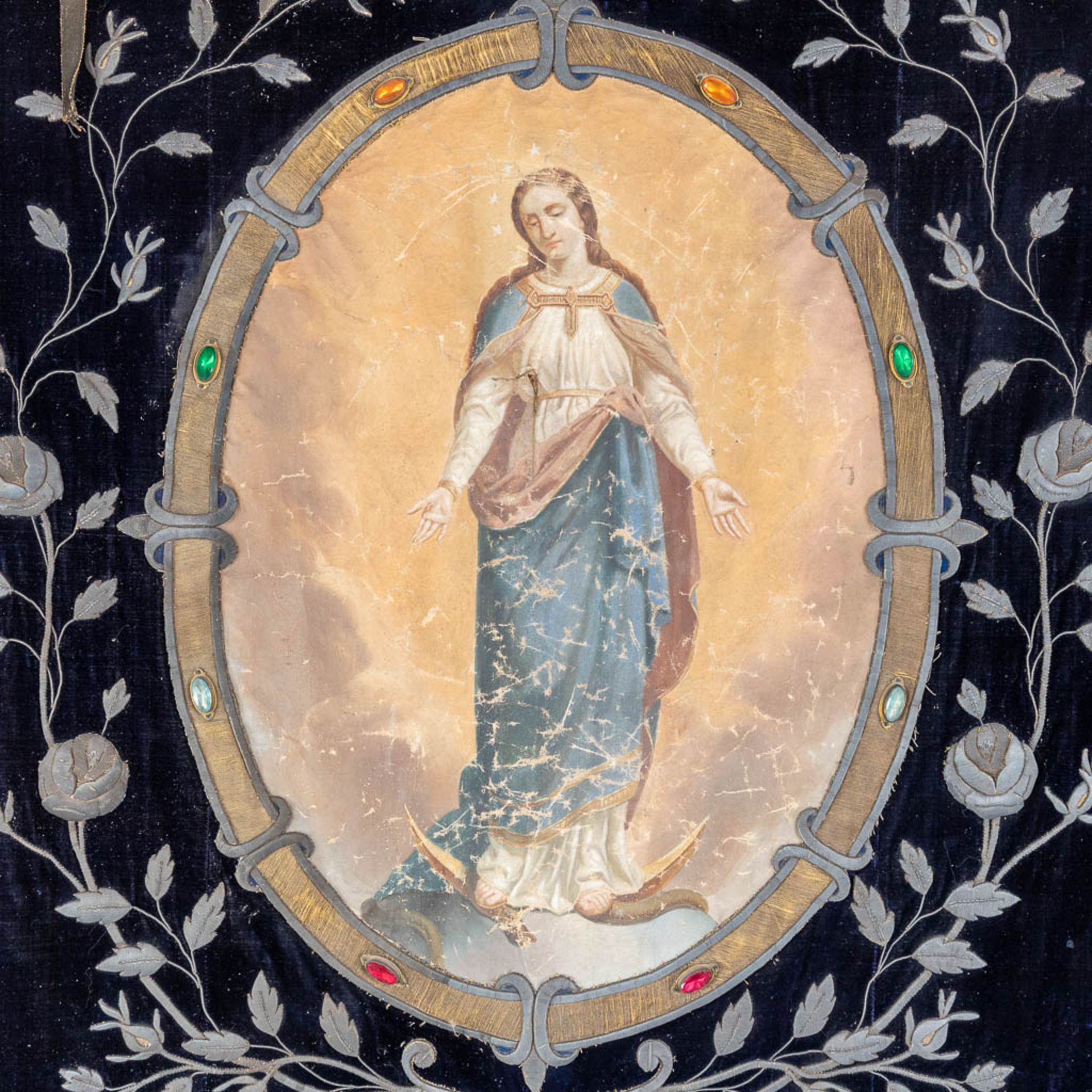 An antique procession banner with a painting of 'Mary Trampling The Serpent'. 19th C. (W:95 x H:177 - Image 3 of 15