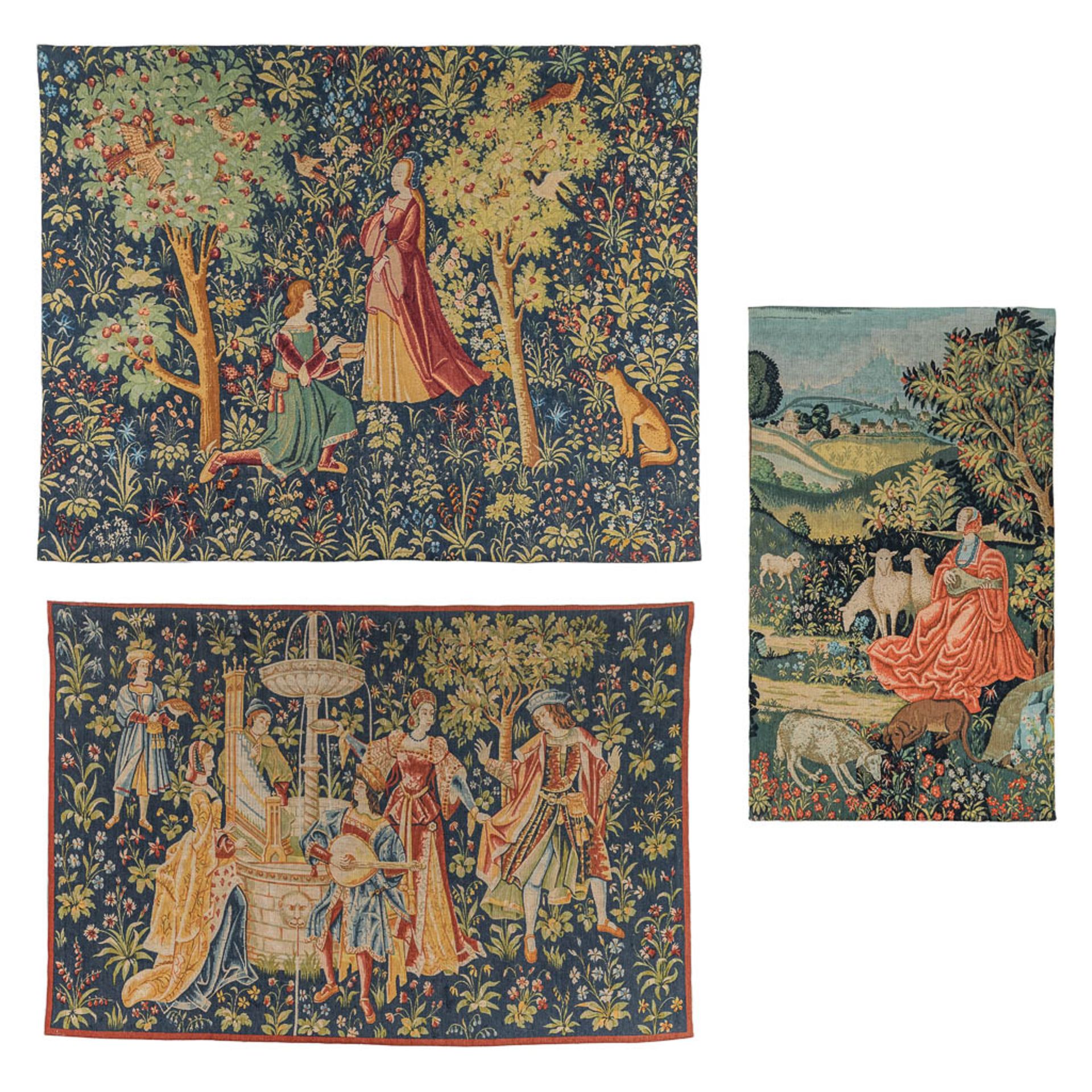 Three vintage tapiseries with medieval and romantic scenes. 20th C. (W:180 x H:145 cm)