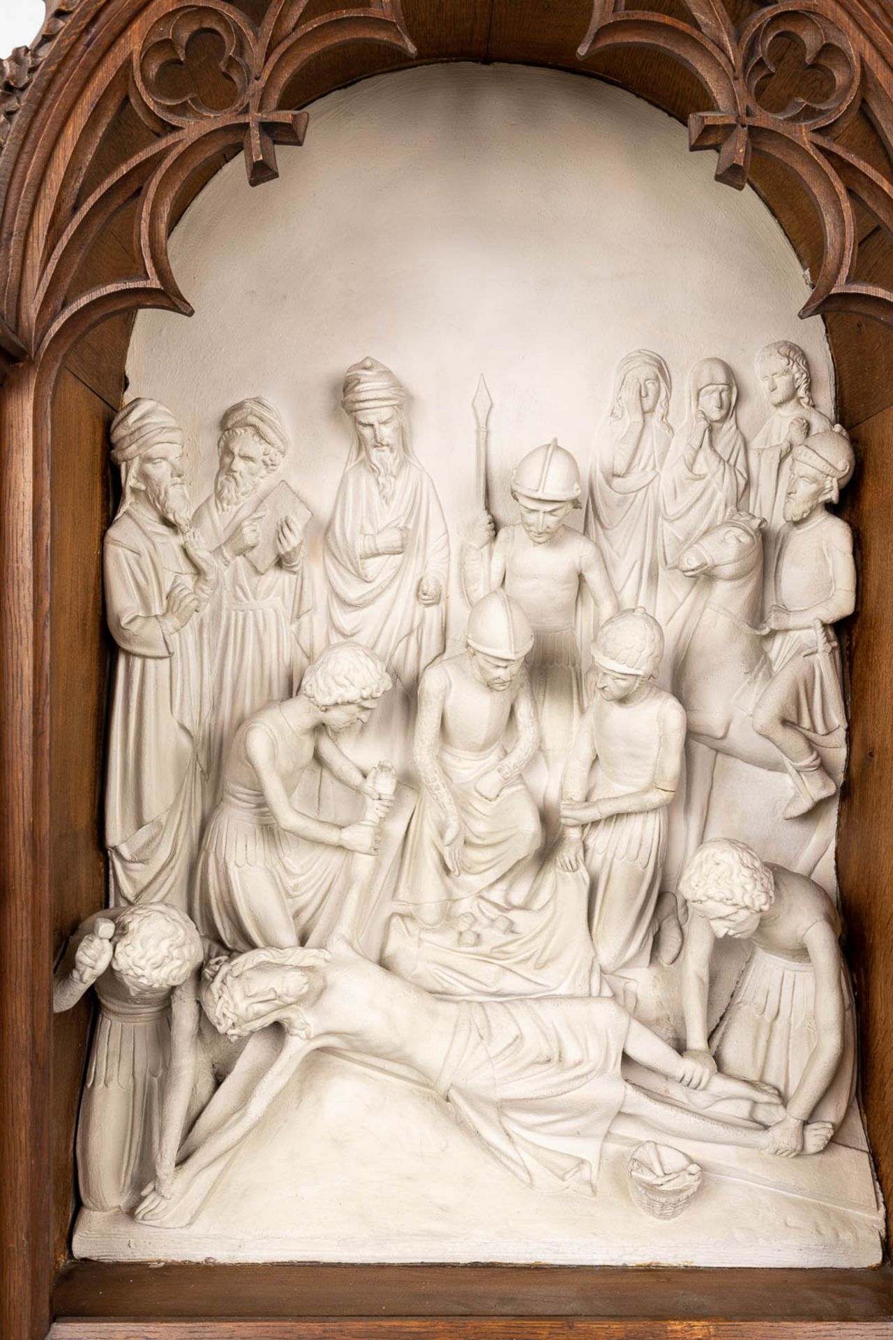 An extensive 14-piece 'Stations Of The Cross', plaster with gothic revival, wood-sculptured frames. - Image 24 of 30