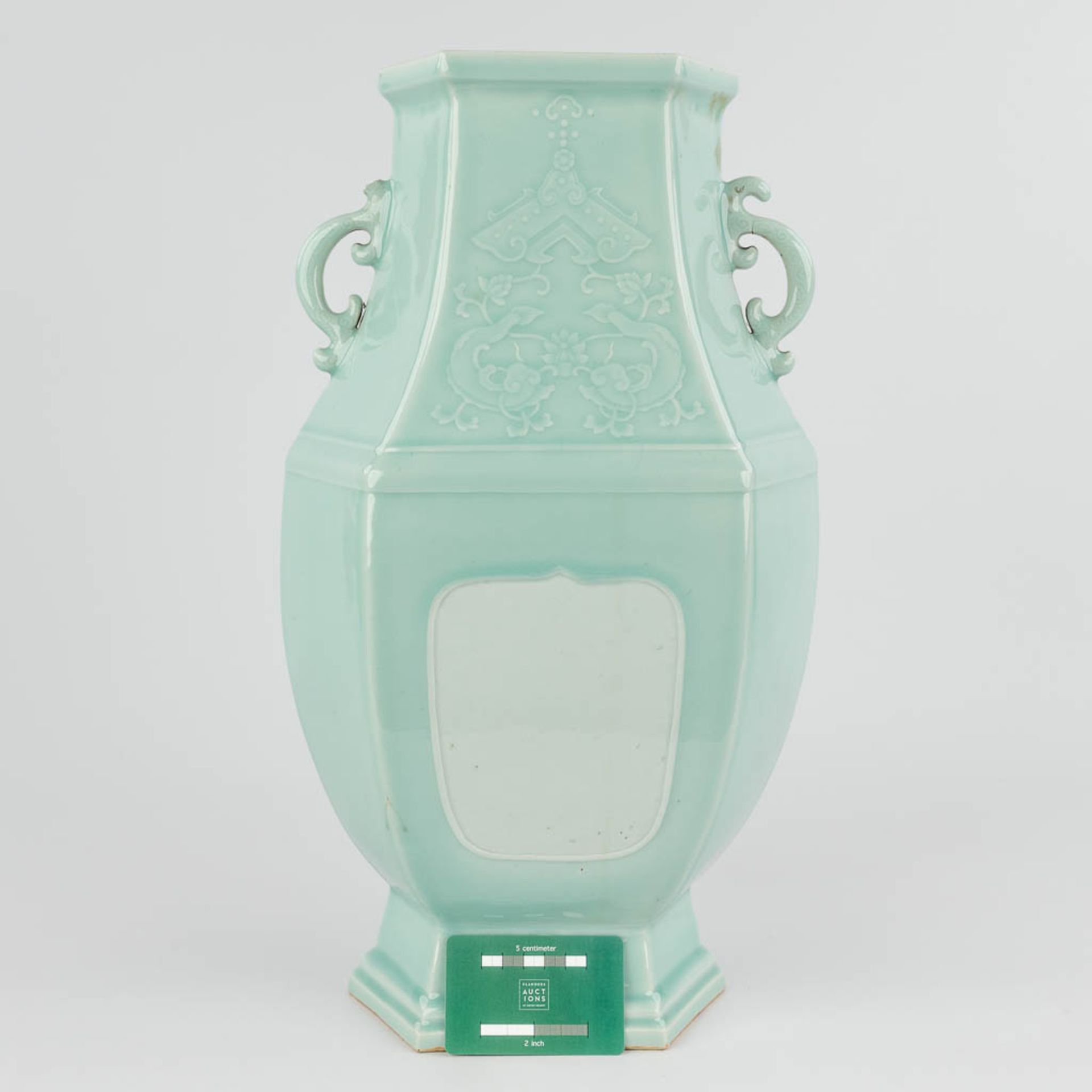 An antique Chinese celadon vase, Hexagonal, Qianlong mark and period. 18th C. (L:20 x W:26 x H:47 cm - Image 2 of 15