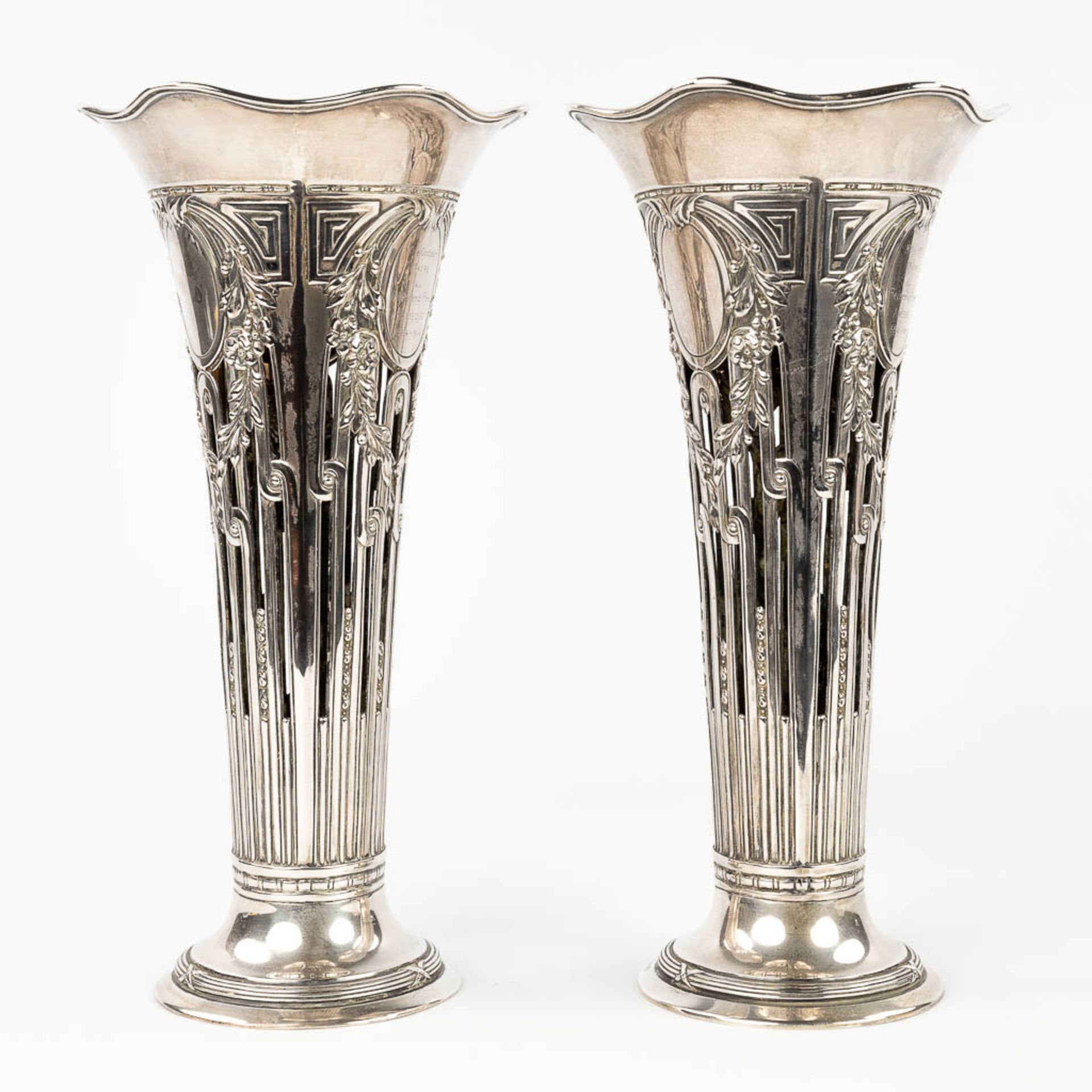 A pair of vases made of silver and marked 800. Made in Germany. 693g. 20th C. (H:31 x D:15,5 cm) - Image 4 of 14