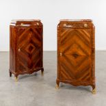 A pair of 'high cabinets' with a marble top. 19th C. (L:30 x W:57 x H:105 cm)