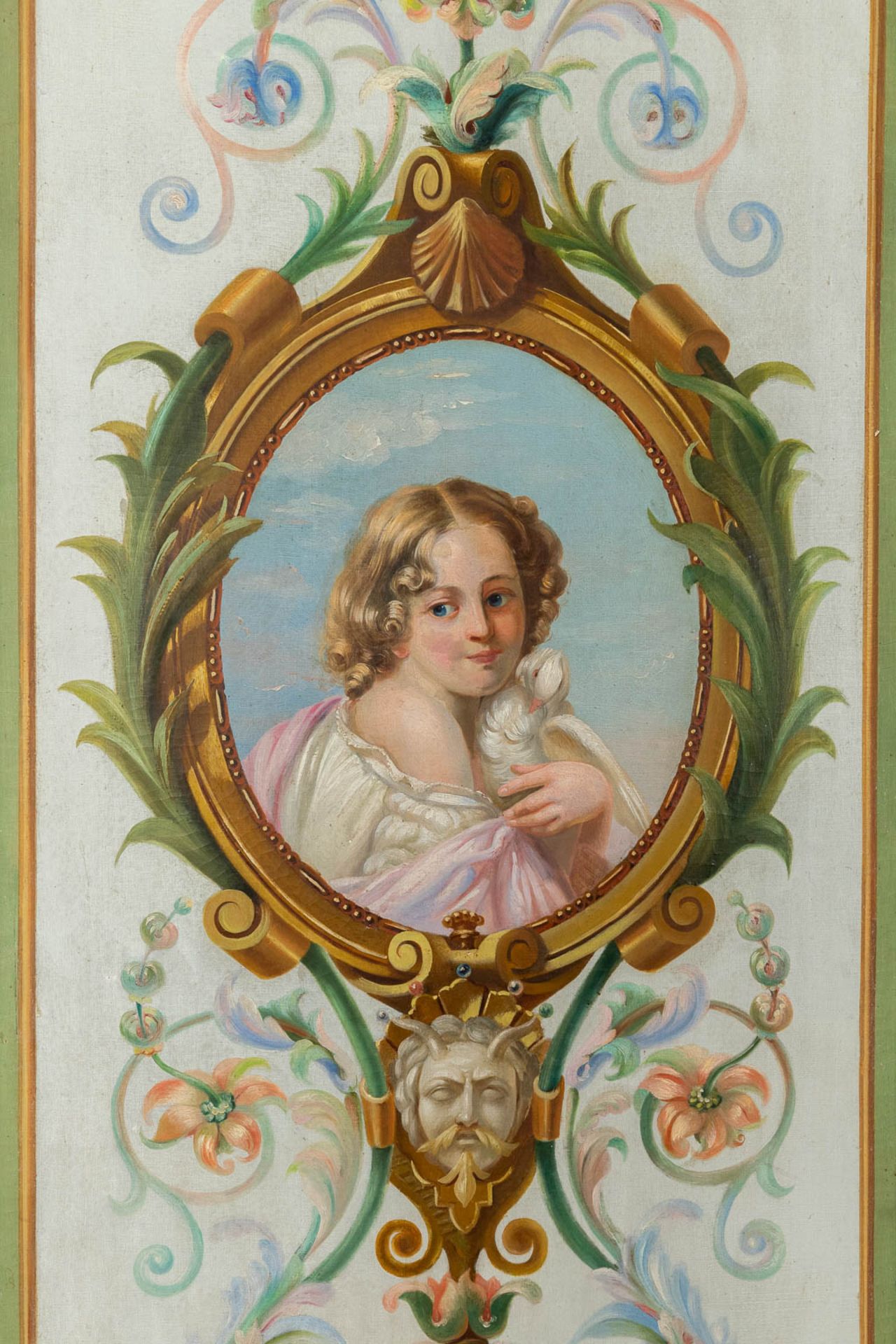 Three decorative paintings, Mother with a Child and two ladies, oil on canvas. 19th C. (W:74 x H:250 - Image 3 of 14