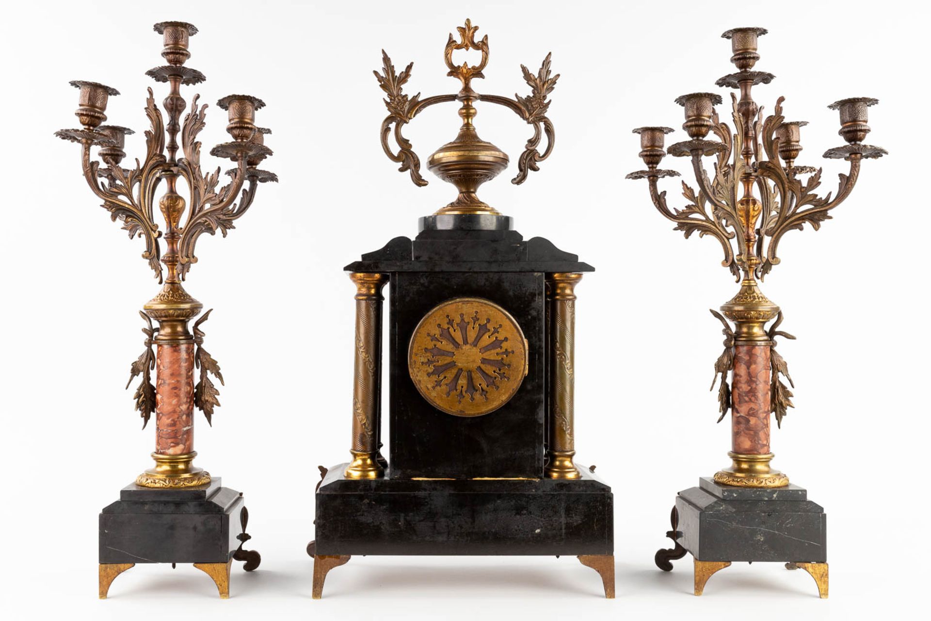 A three-piece mantle garniture, marble and bronze. Circa 1900. (L:16 x W:34 x H:59 cm) - Image 6 of 15