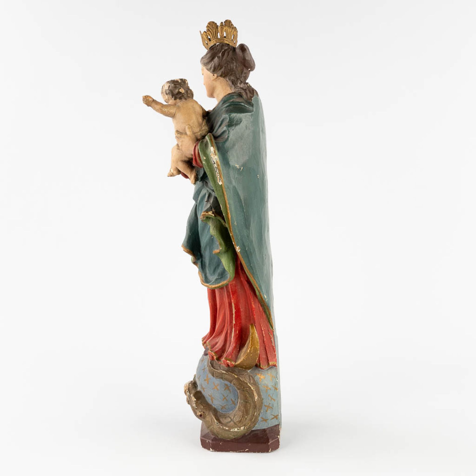 Madonna with Child standing on a Crescent moon and Serpent, wood sculpture, 19th C. (L:12 x W:16 x H - Image 6 of 14