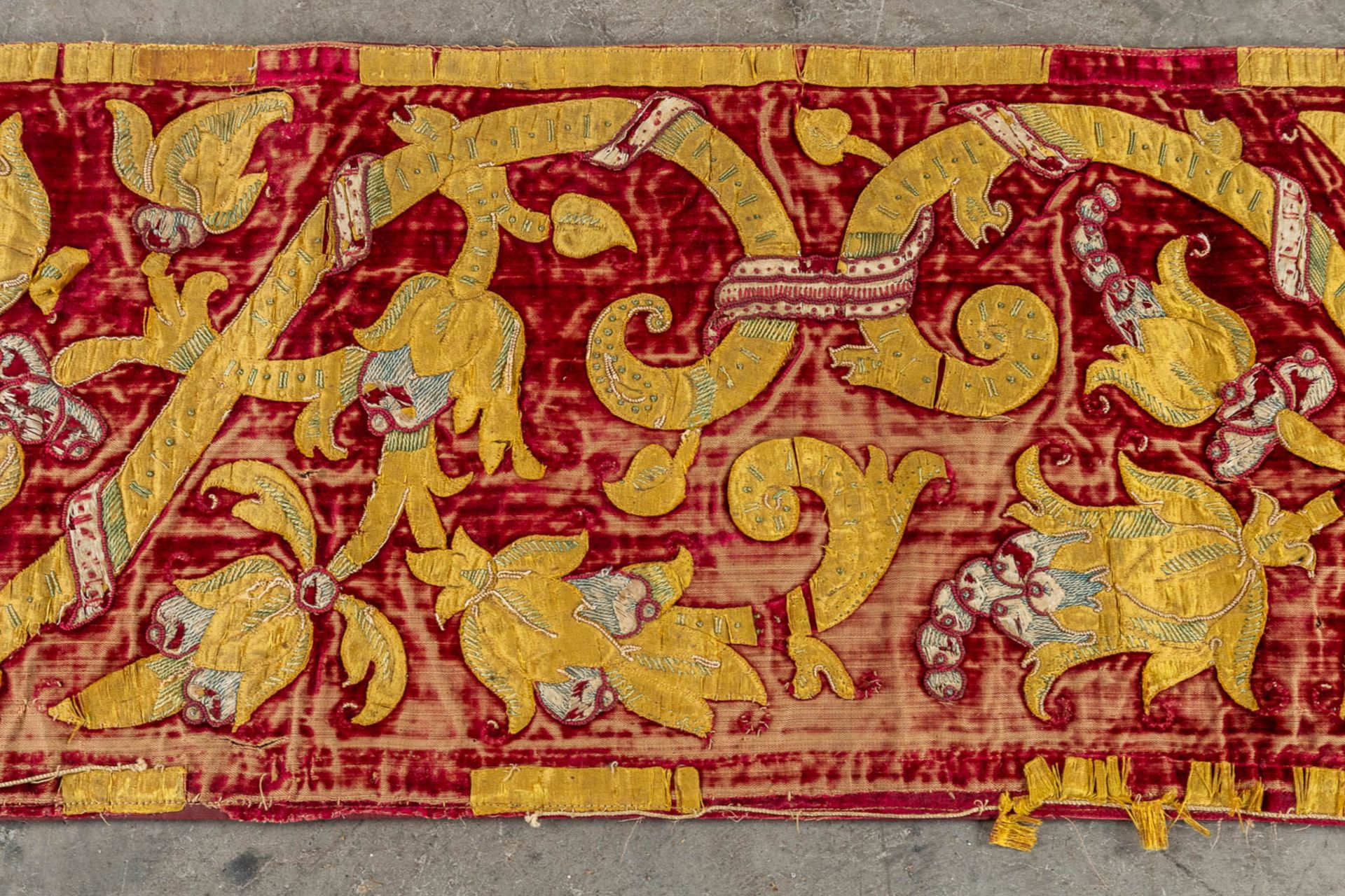 Two antique pieces of textile, 17th and 19th C. (L:240 x W:32 cm) - Image 9 of 10