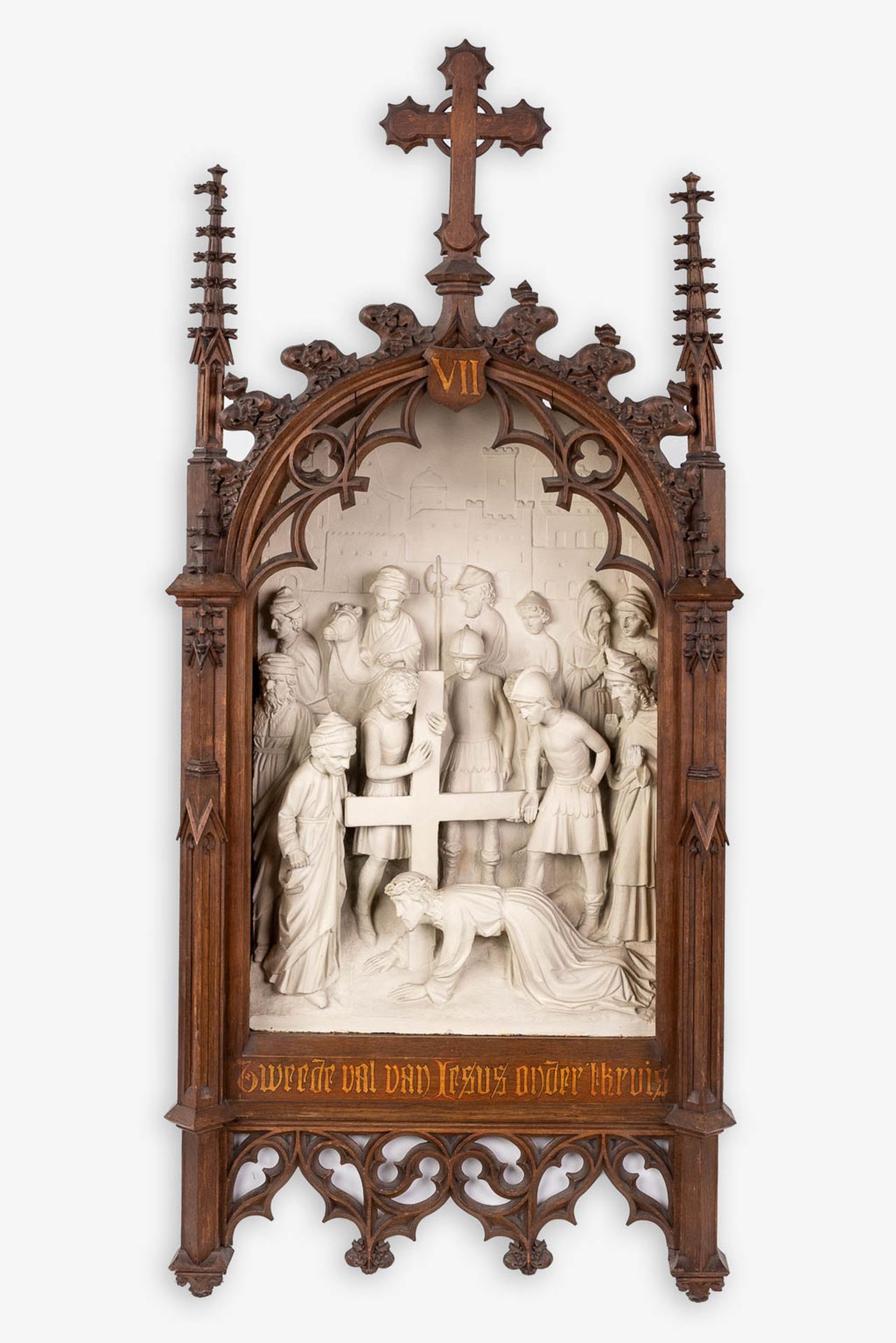 An extensive 14-piece 'Stations Of The Cross', plaster with gothic revival, wood-sculptured frames. - Image 15 of 30