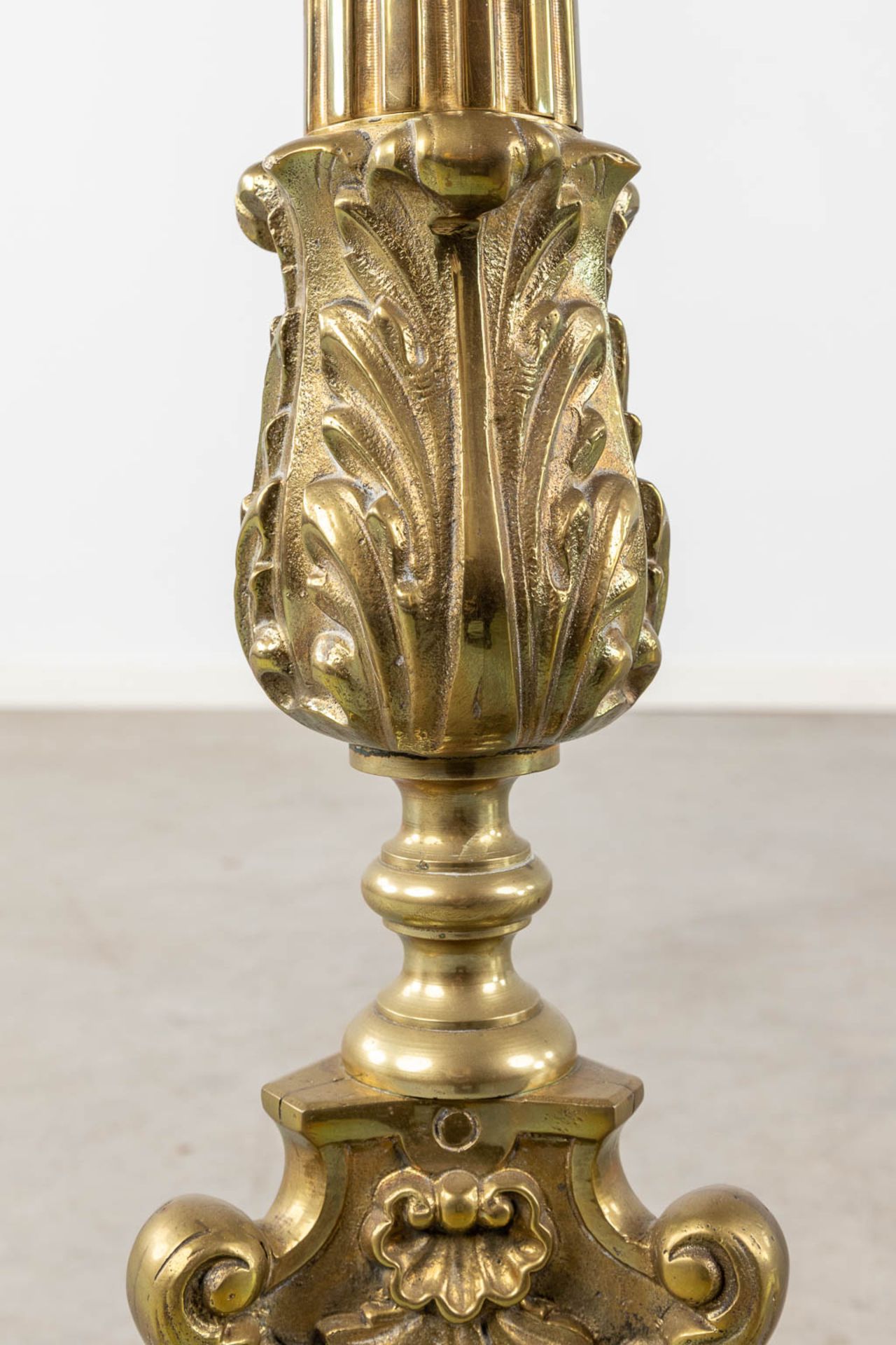 A pair of bronze church candlesticks/candle holders, Louis XV style. Circa 1900. (W:23 x H:105 cm) - Image 8 of 9