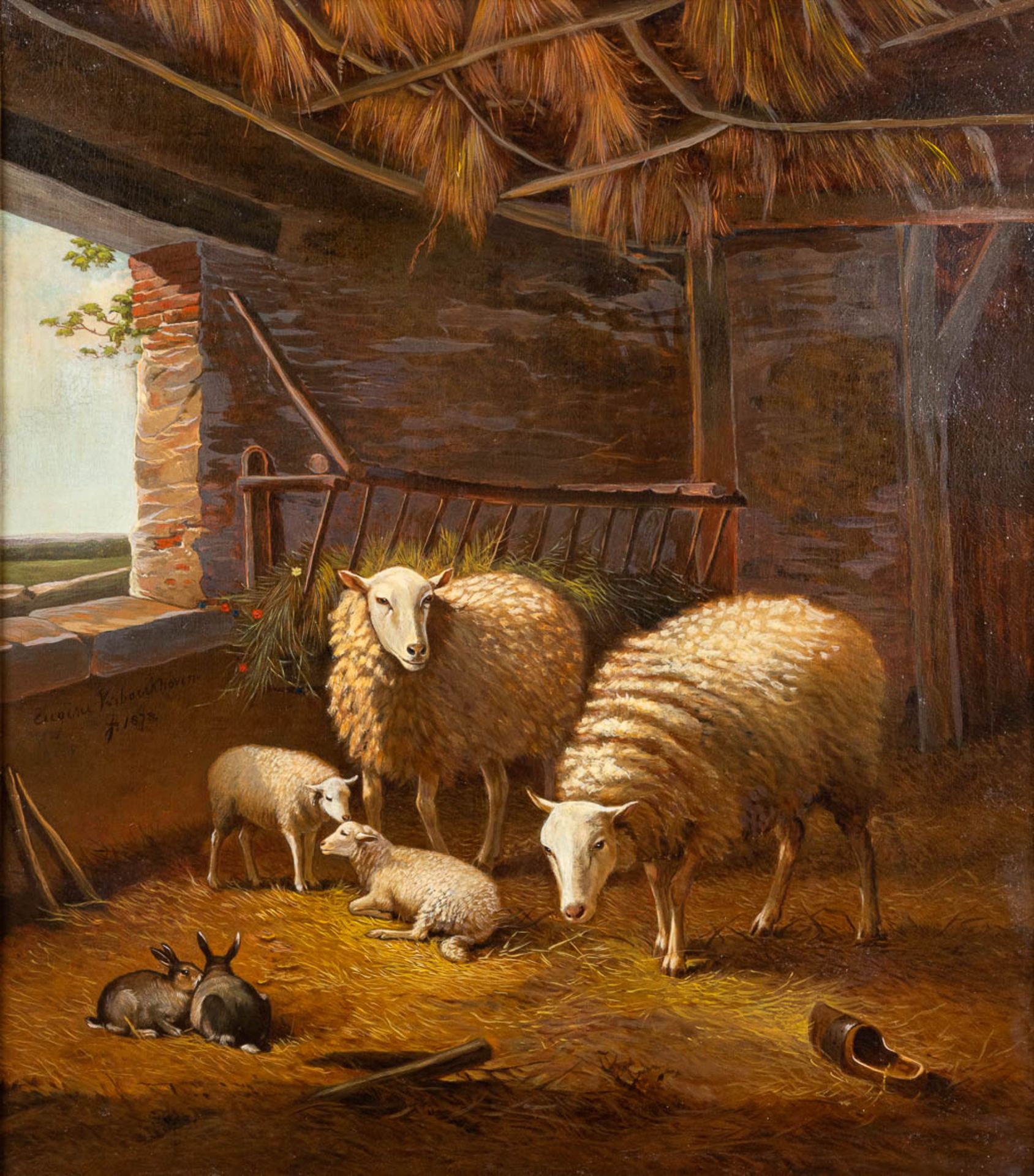 Sheep in a barn, a painting, oil on canvas. Framed in a nice frame. (W:61 x H:70 cm) - Image 3 of 7