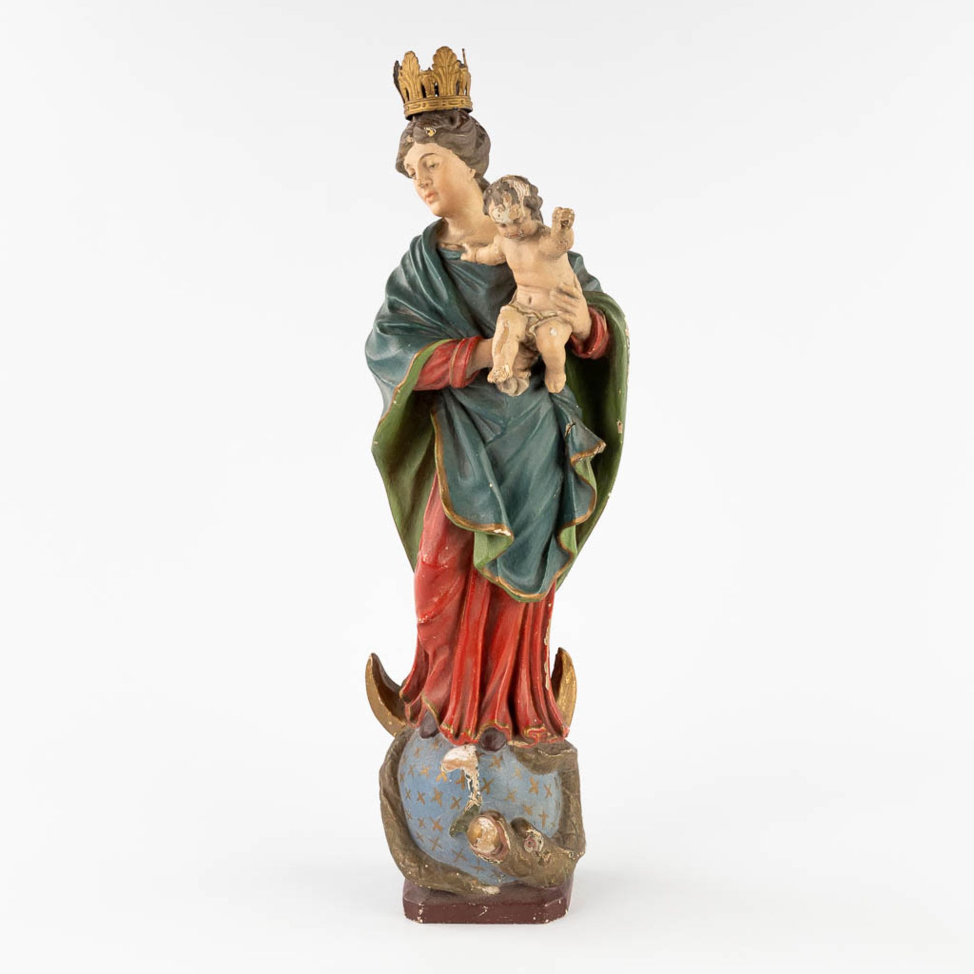 Madonna with Child standing on a Crescent moon and Serpent, wood sculpture, 19th C. (L:12 x W:16 x H