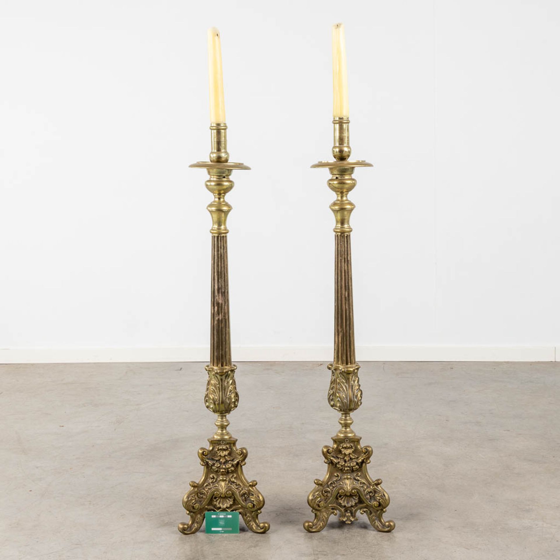 A pair of bronze church candlesticks/candle holders, Louis XV style. Circa 1900. (W:23 x H:105 cm) - Image 2 of 9