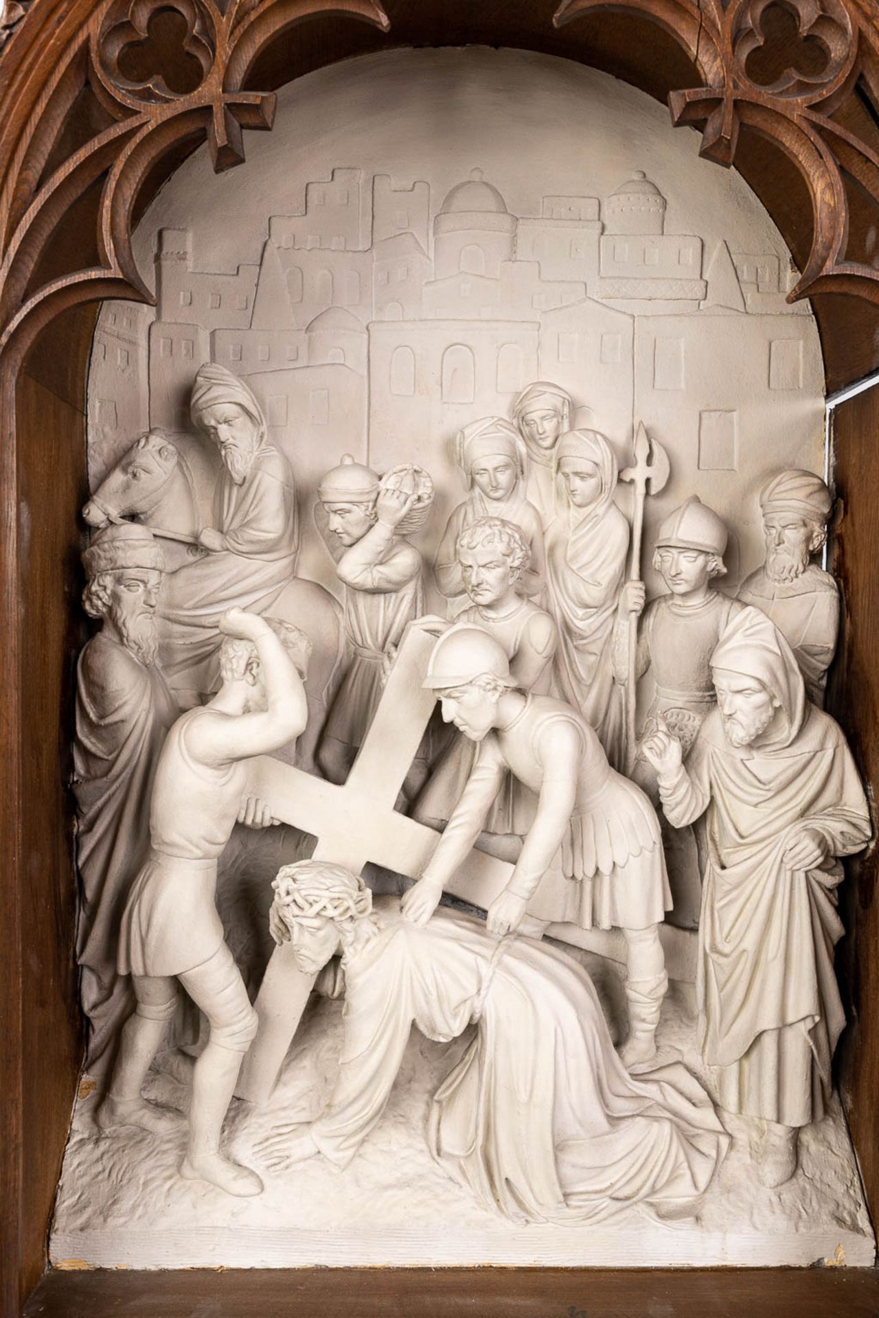 An extensive 14-piece 'Stations Of The Cross', plaster with gothic revival, wood-sculptured frames. - Image 8 of 30