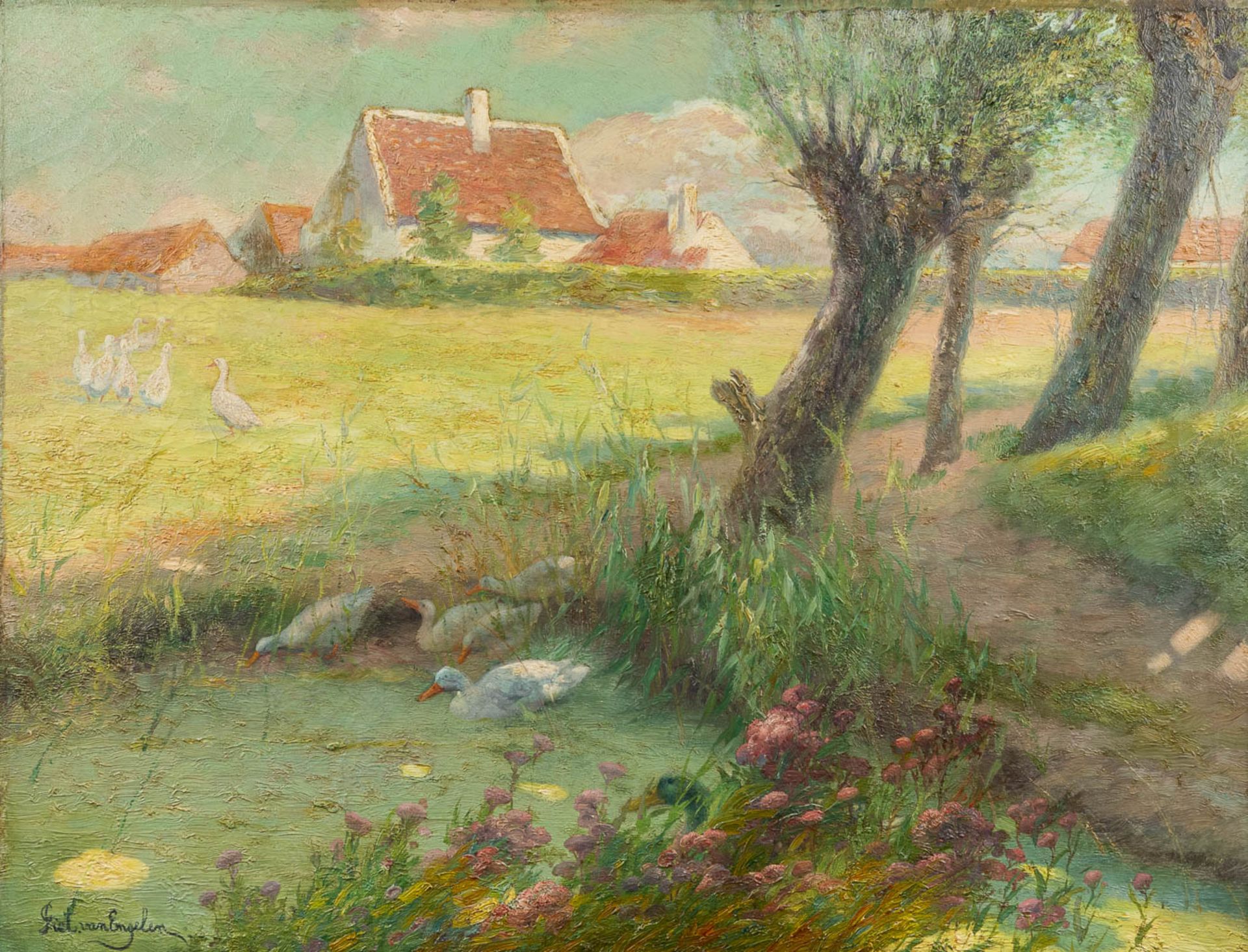 Piet VAN ENGELEN (1863-1924) 'Ducks at a farm' oil on canvas. (W:78 x H:58 cm)