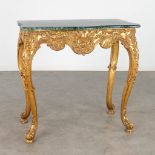 A sculptured, giltwood console table, Louis XV style, green marble. 20th C. (L:48 x W:83 x H:83 cm)