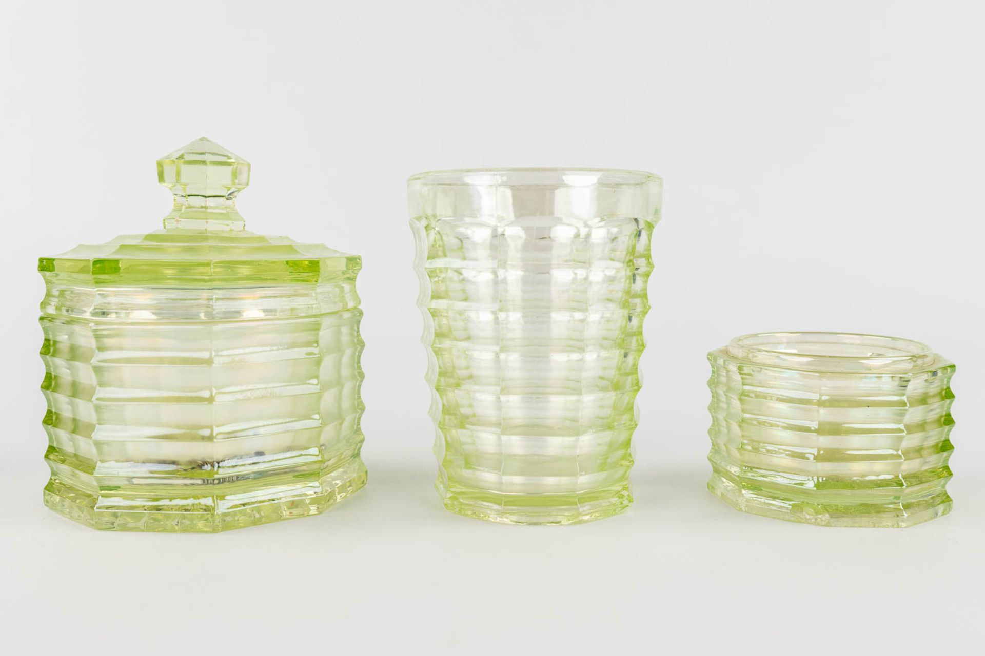 A 9-piece perfume set, made of Uranium glass. (H:21 x D:9 cm) - Image 10 of 15