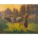 Frans SIMONS (1912-1996) 'Lady with a cow' oil on canvas. (W:160 x H:124 cm)