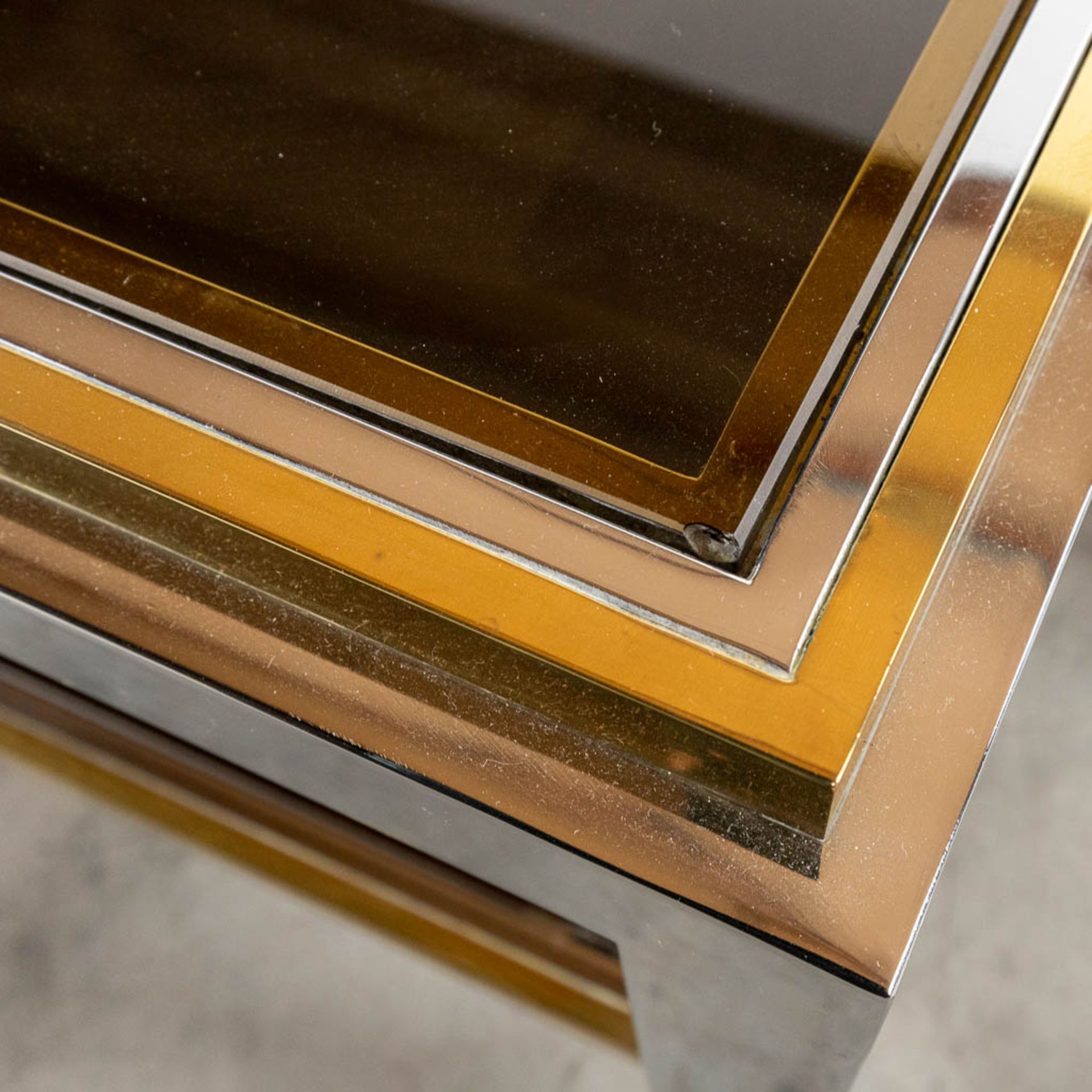 Jean CHARLES (XX-XXI) 'Coffee Table' coloured glass, brass and chromed metal, for Maison Charles. (L - Image 10 of 11