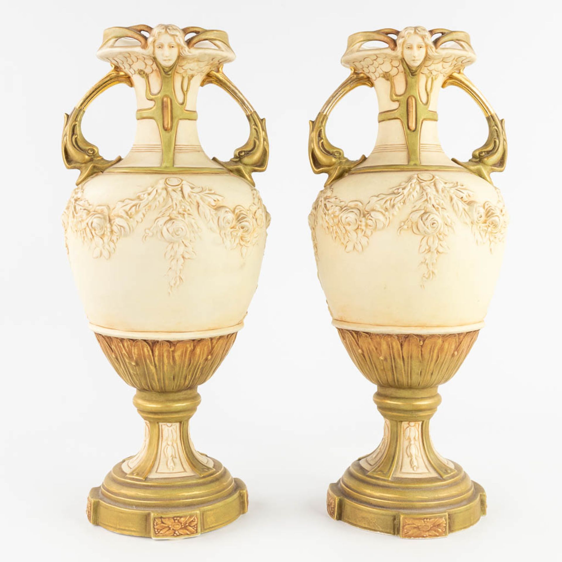 Royal Dux, a three-piece mantle garniture consisting of a statue and two vases. (L:20 x W:28 x H:43 - Image 18 of 25