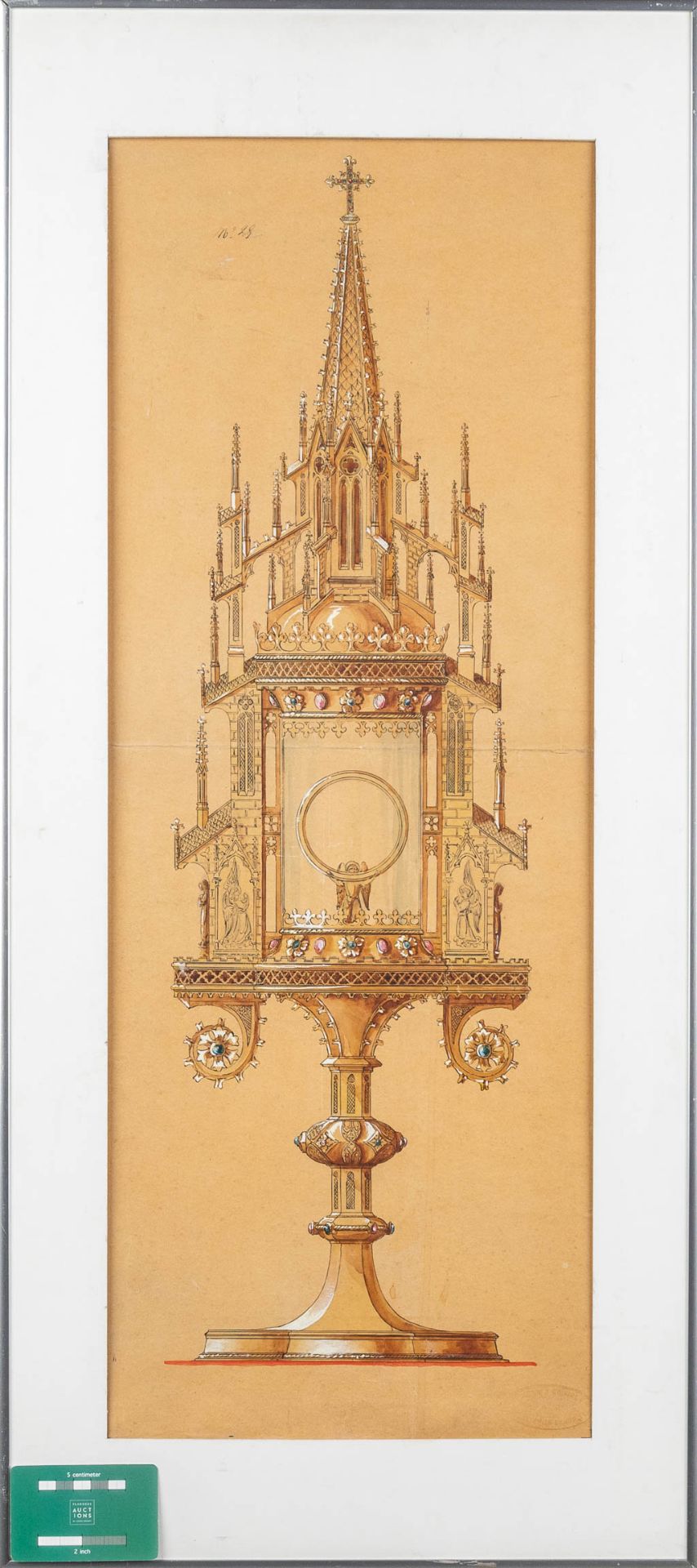 Bourdon, Ghent, an original drawing for a Monstrance, oil and pen on paper. Number 29. (W:29 x H:77 - Image 2 of 10