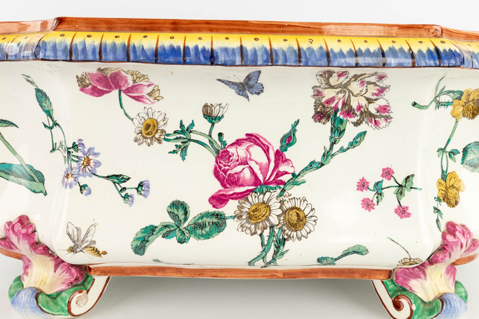 Faiencerie de Gien, a large bottle cooler with a hand-painted decor of fauna and flora. 19th C. (L:3 - Image 18 of 19
