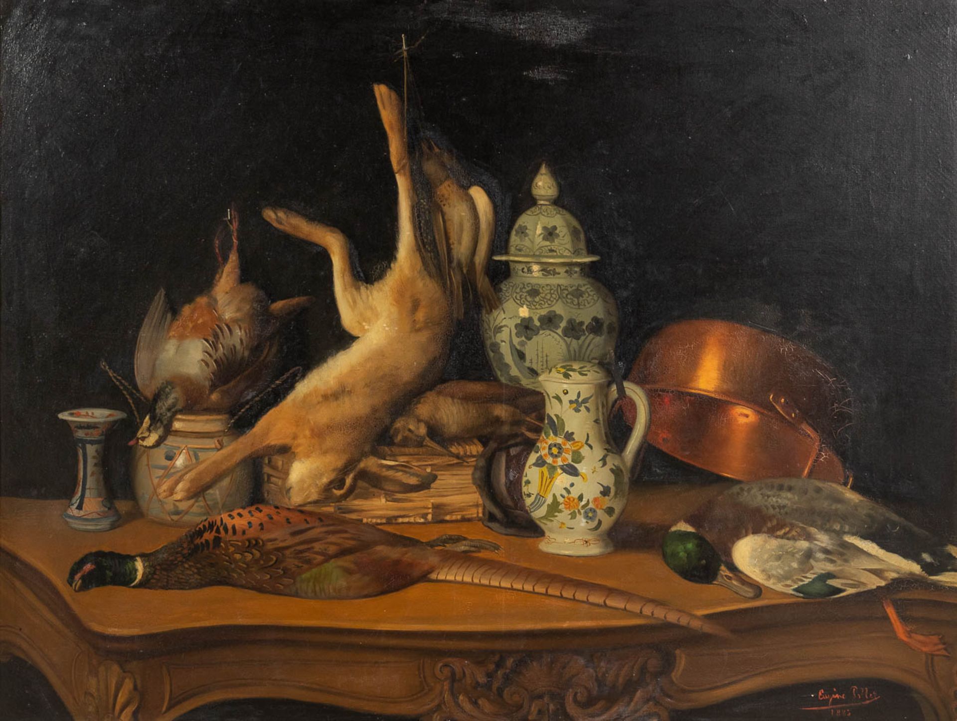 Eugène POLLET (XIX) 'Still life with hunting trophies' oil on canvas. 1885. (W:130 x H:100 cm)