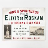 An antique advertising board 'Vins &amp; Spiritueux Elexir De Roskam' Circa 1930. (W:42 x H:32 cm)