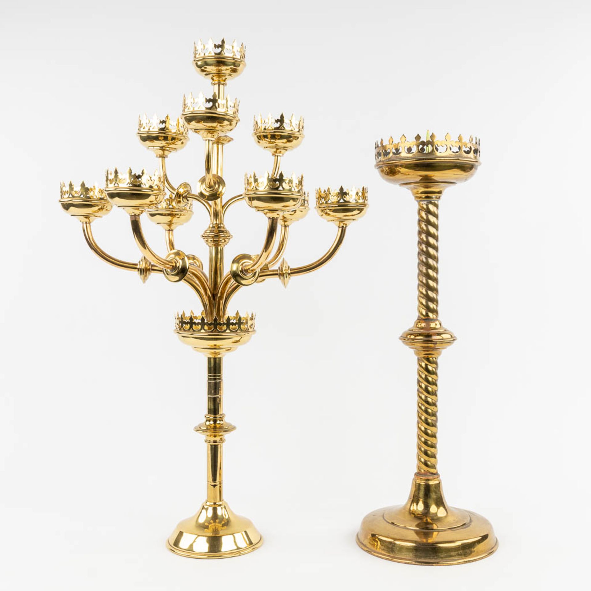 A candelabra with 10 points of light, gothic revival, added 1 candle holder. 20th C. (H:73 x D:45 cm