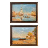 View in Venice and a lake in Italy, signed Malfredy. Two paintings, Oil on canvas. (W:46 x H:32 cm)