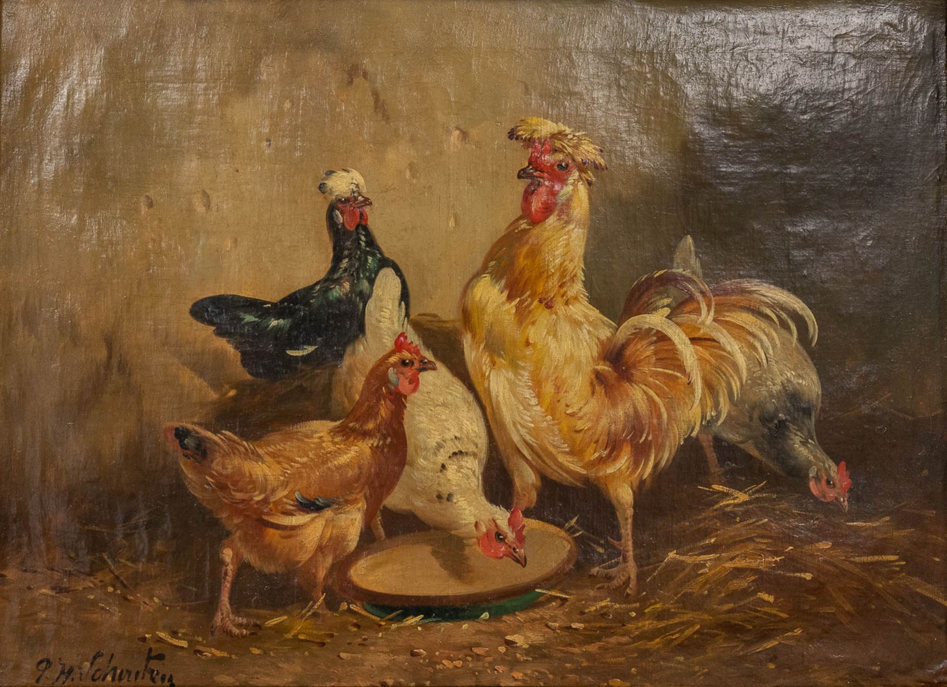 Henry SCHOUTEN (1857/64-1927) 'Chicken' oil on canvas. (W:90 x H:65 cm)