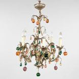A decorative chandelier, brass with coloured glass. (H:60 x D:50 cm)